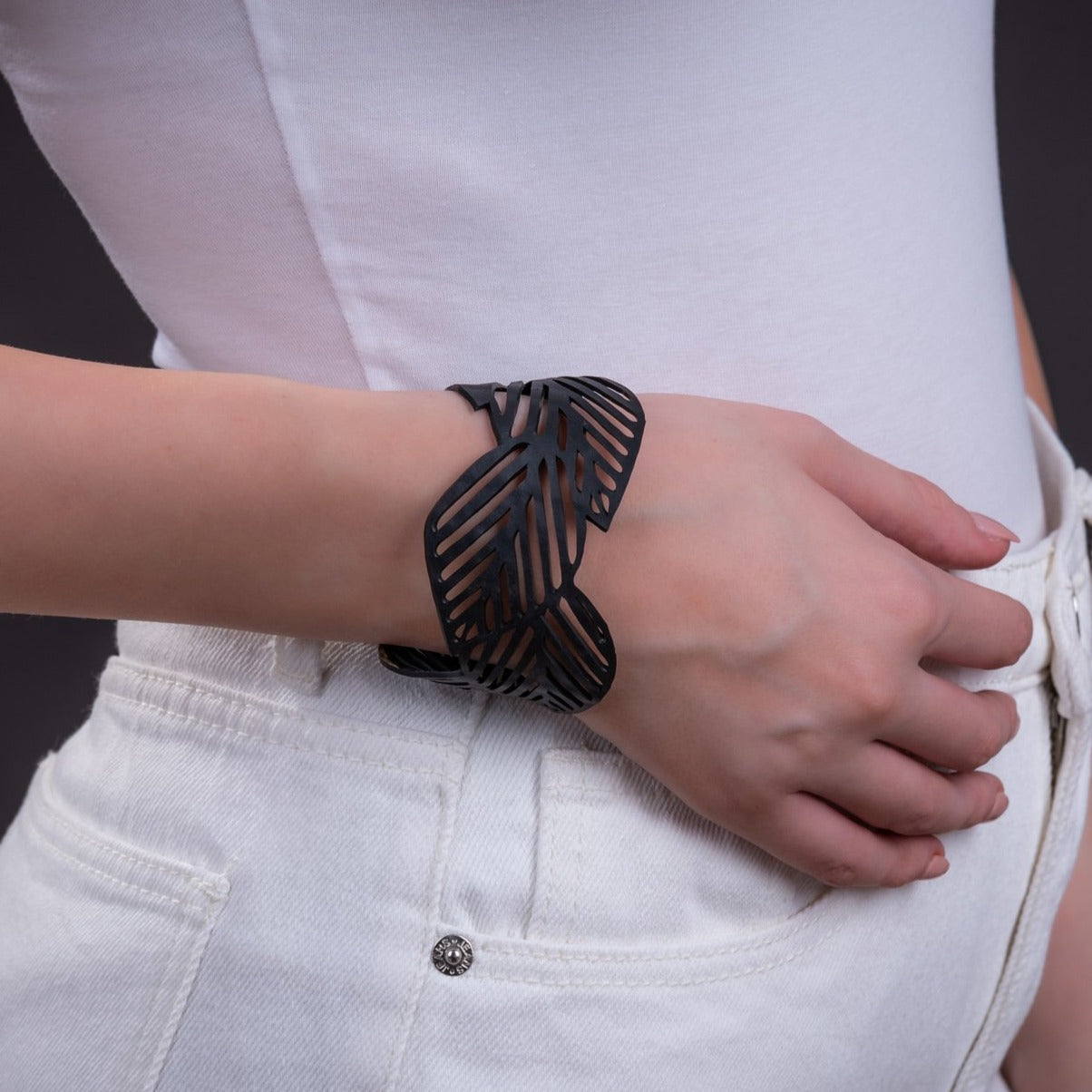 Sweet Cherry Leaf Rubber Bracelet featuring a natural botanical pattern, handmade from reclaimed rubber.