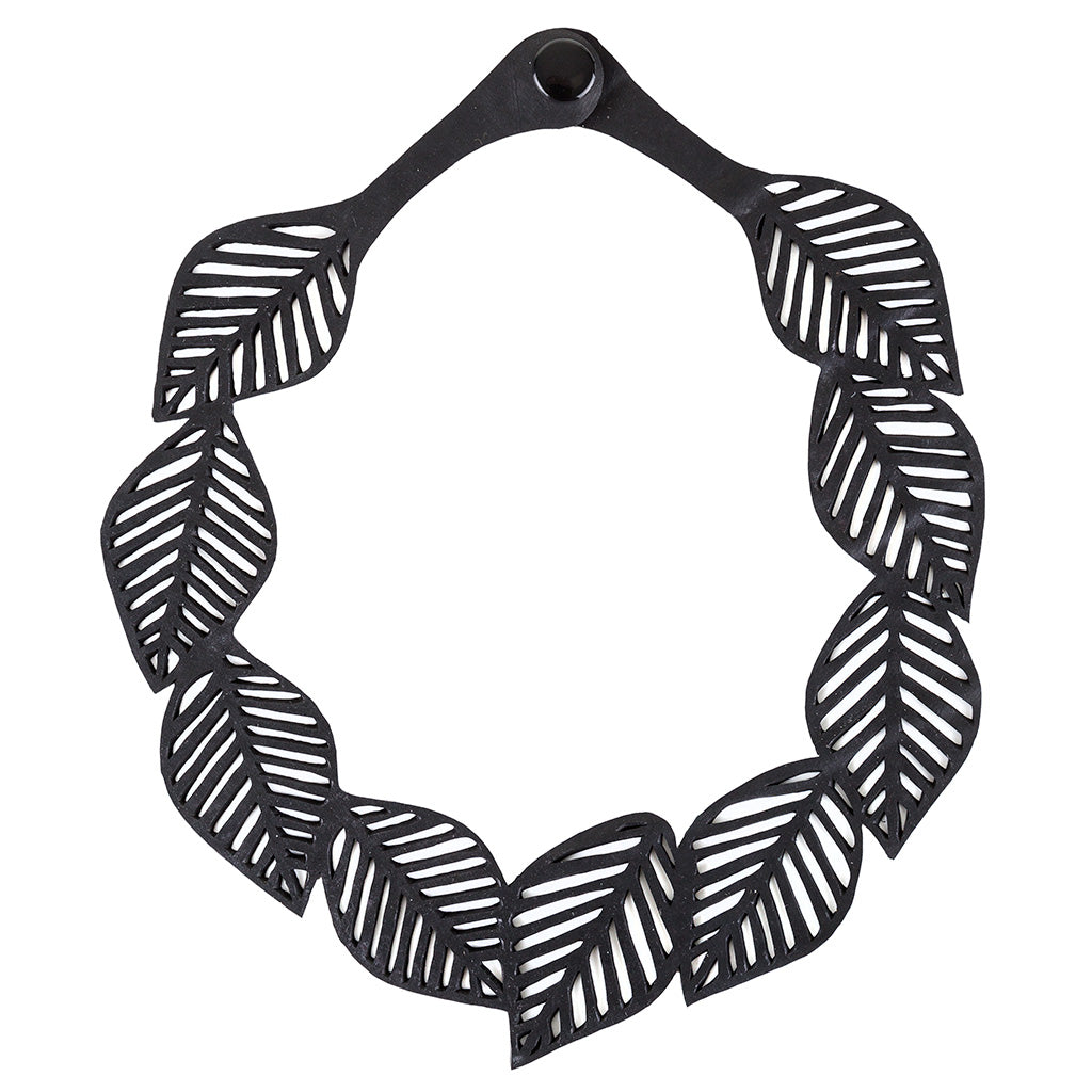 Sweet Cherry Recycled Rubber Leaf Necklace featuring handcrafted leaf design made from upcycled inner tubes, elegantly displayed in a luxury gift box.