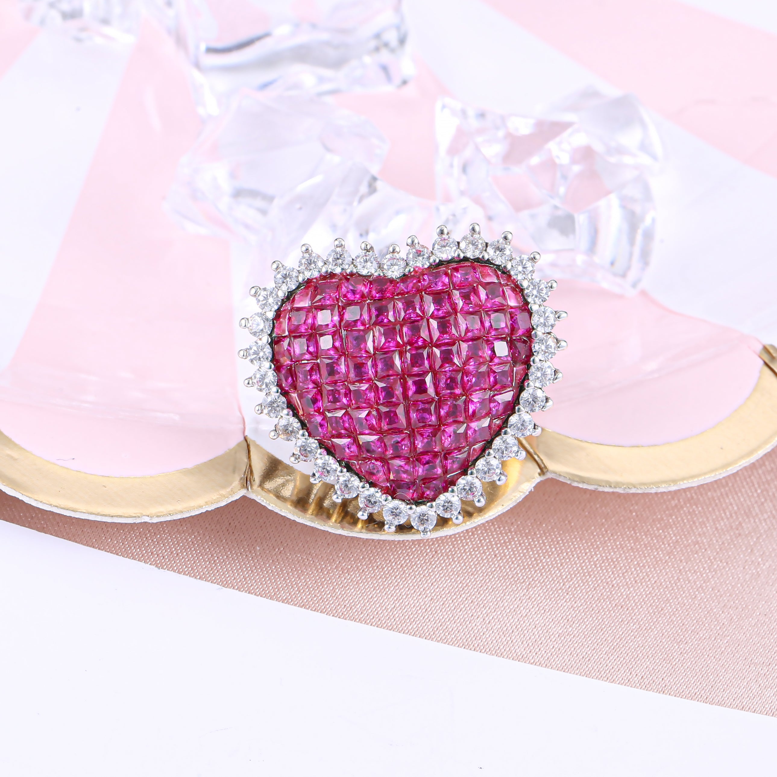 Sweet Heart Created Ruby Ring in 925 sterling silver with white gold finish, featuring a vibrant created ruby and white sapphires.