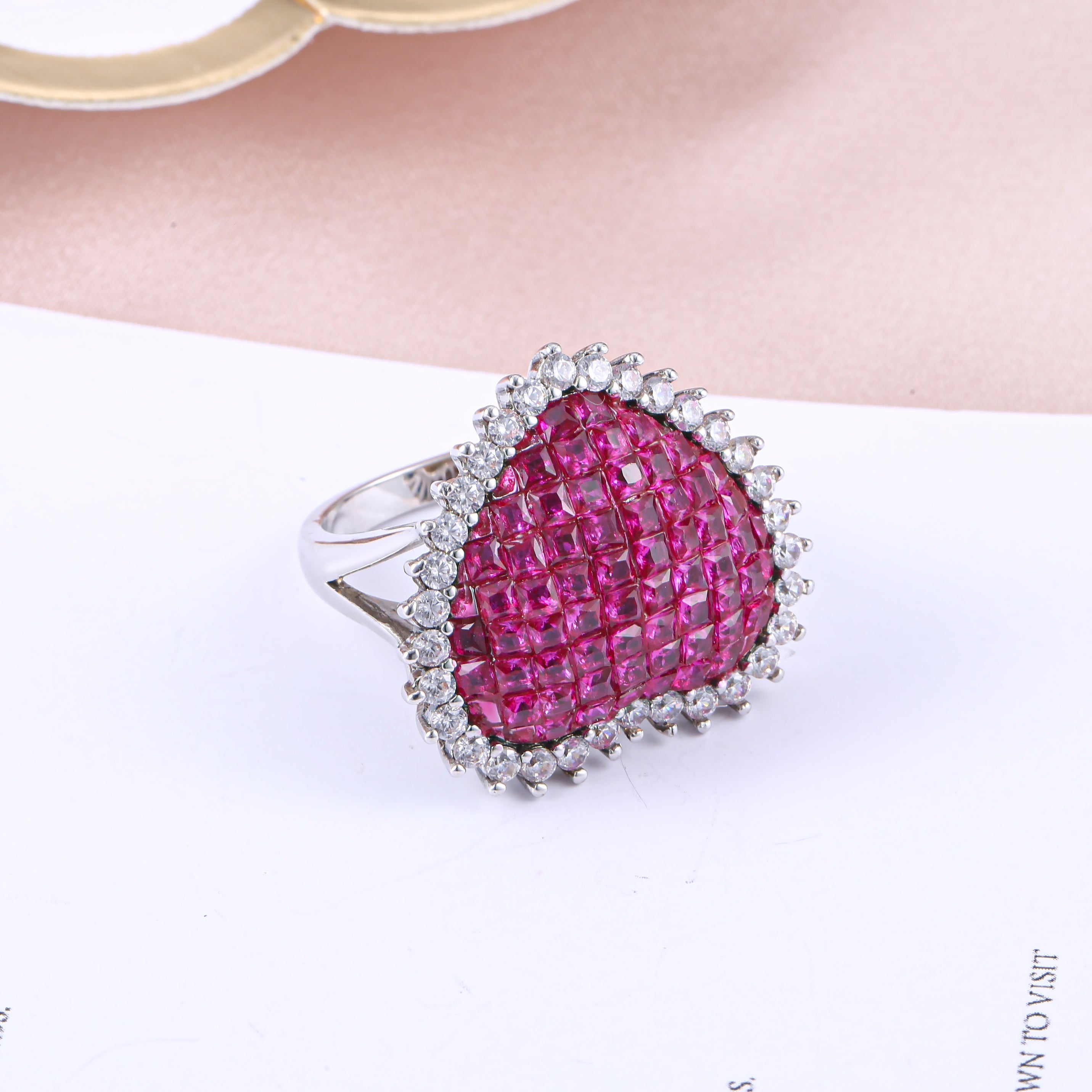 Sweet Heart Created Ruby Ring in 925 sterling silver with white gold finish, featuring a vibrant created ruby and white sapphires.