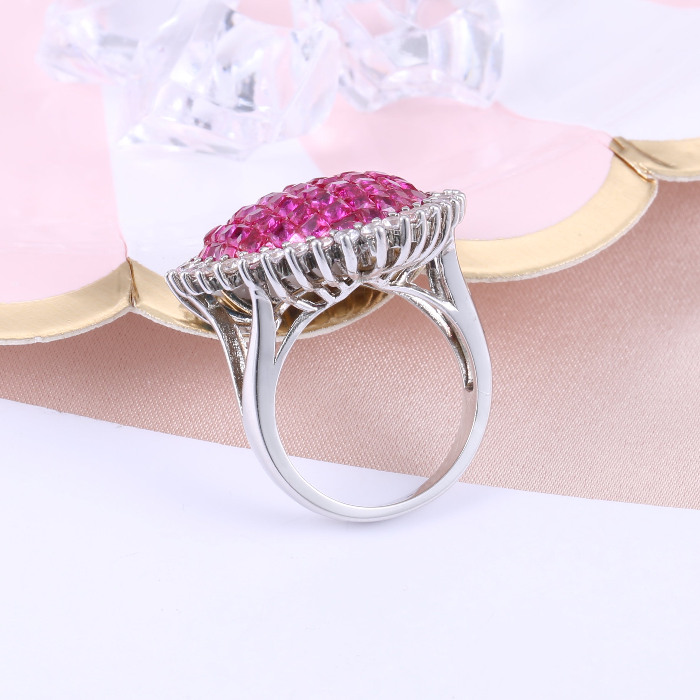 Sweet Heart Created Ruby Ring in 925 sterling silver with white gold finish, featuring a vibrant created ruby and white sapphires.