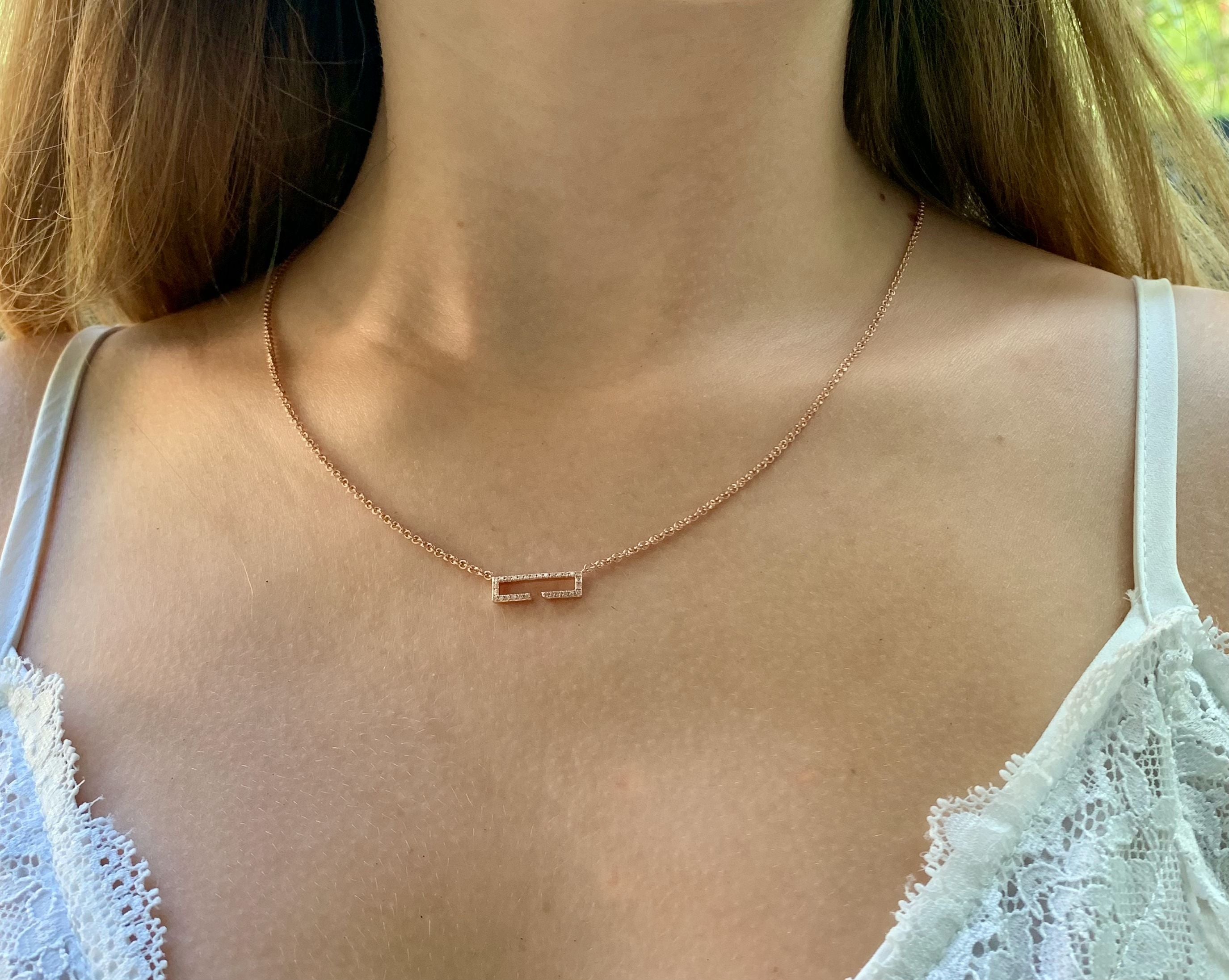 Swing Rectangle Diamond Necklace in 14K Rose Gold Vermeil, featuring genuine diamonds set in 925 Sterling Silver with an 18-inch cable chain.