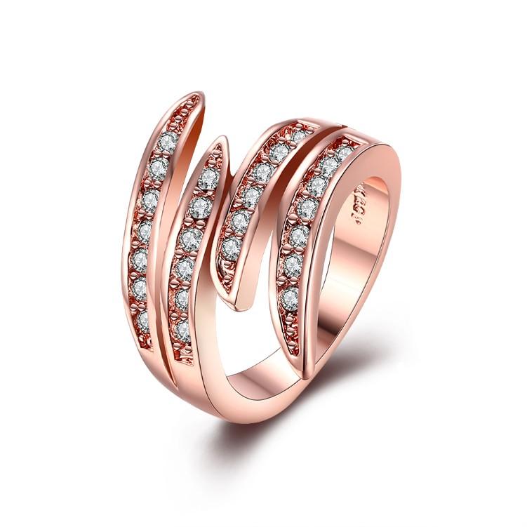 Elegant Swirl Cocktail Ring in 14K Rose Gold with sparkling crystals, showcasing a unique swirl design.