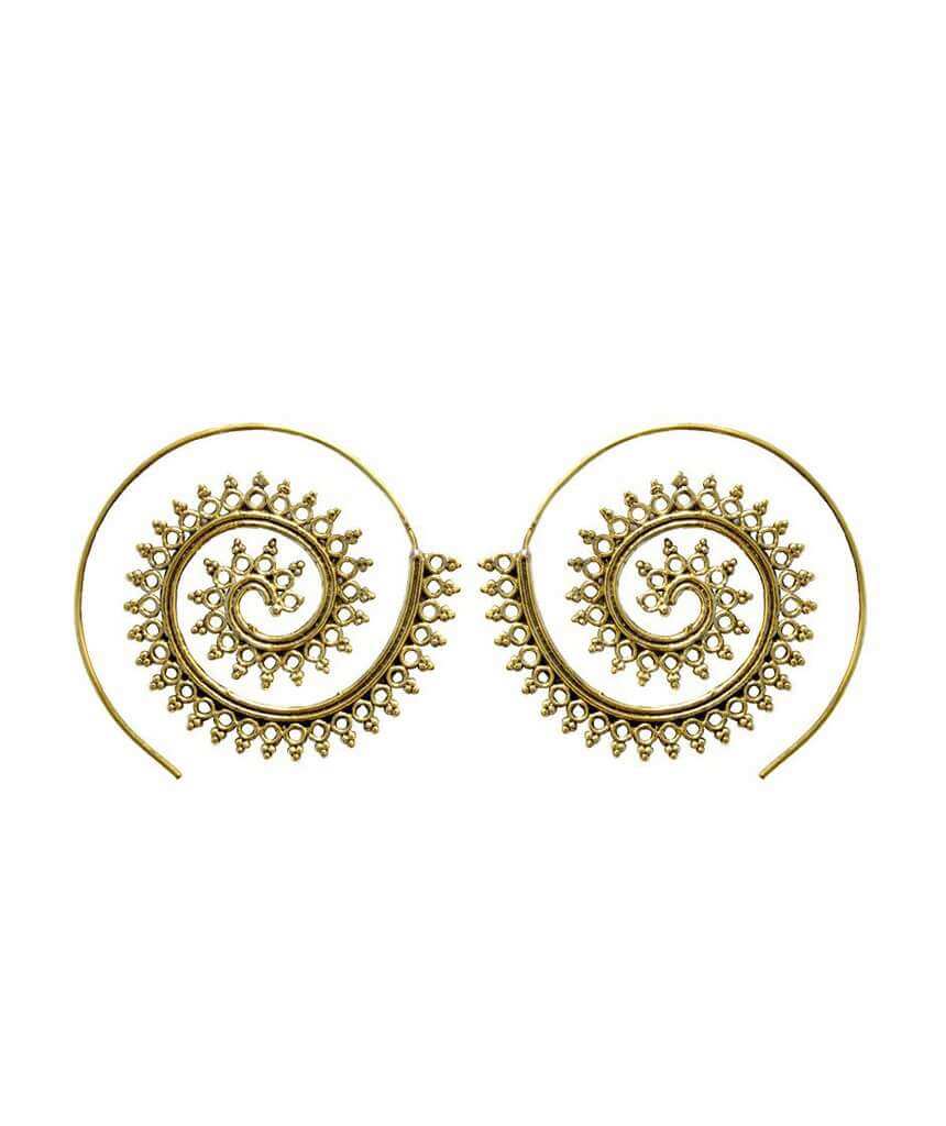 A pair of Urbiana Swivel Hoop Earrings featuring intricate bohemian design, crafted from brass and silver, perfect for sensitive skin.