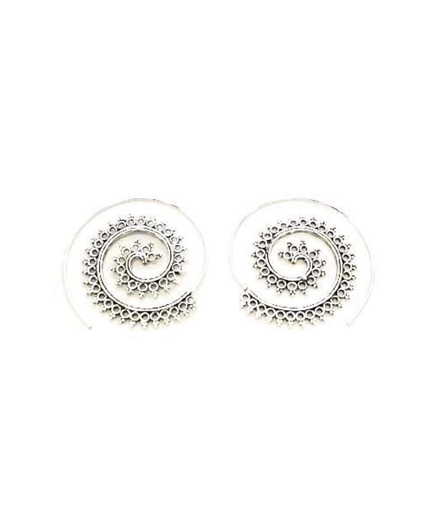 A pair of Urbiana Swivel Hoop Earrings featuring intricate bohemian design, crafted from brass and silver, perfect for sensitive skin.