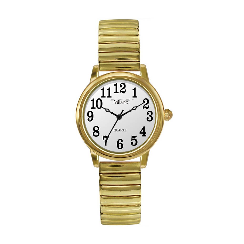 Takaoka Milano Expression Watch featuring a gold flex band, gold case, and white dial, showcasing elegance and style.