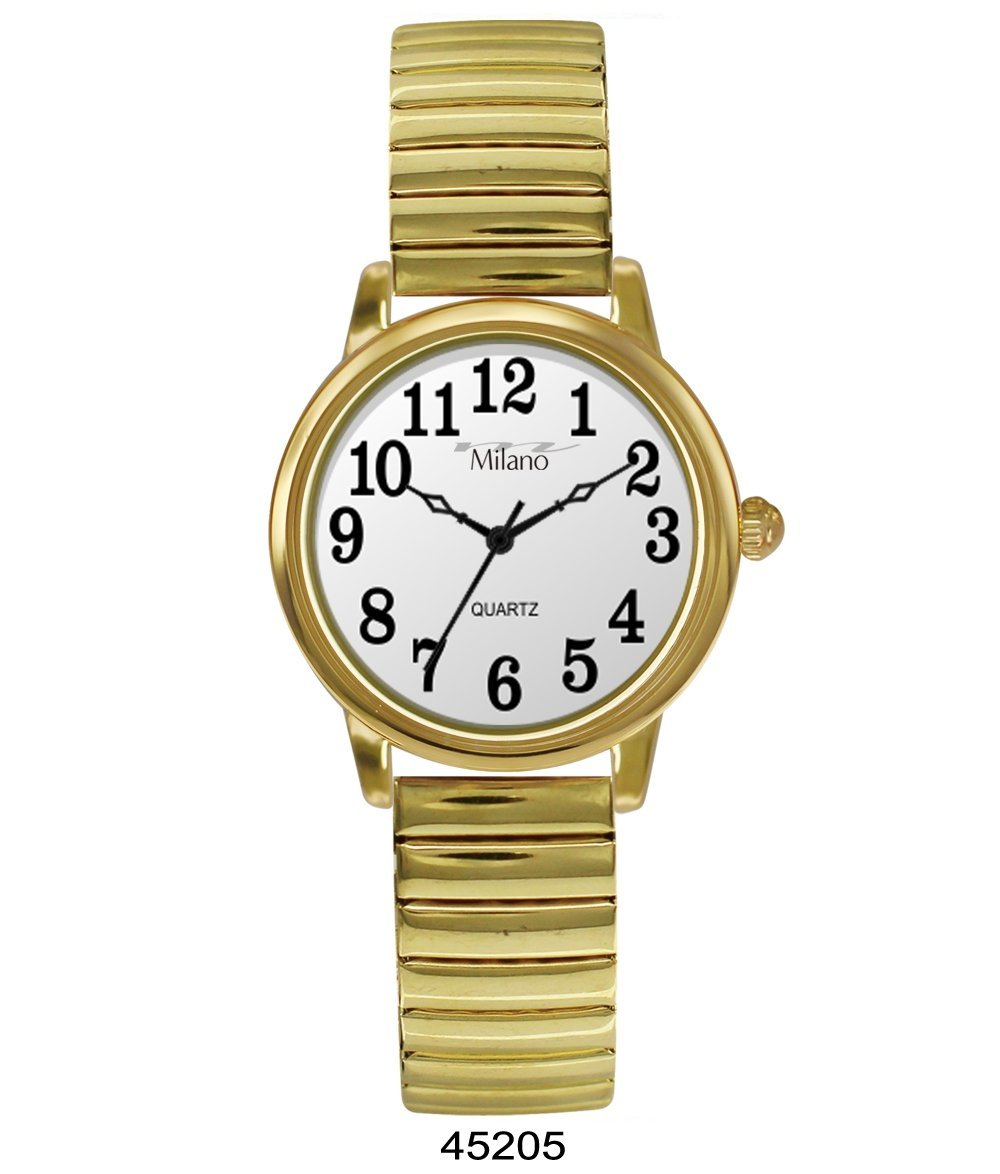 Takaoka Milano Expression Watch featuring a gold flex band, gold case, and white dial, showcasing elegance and style.