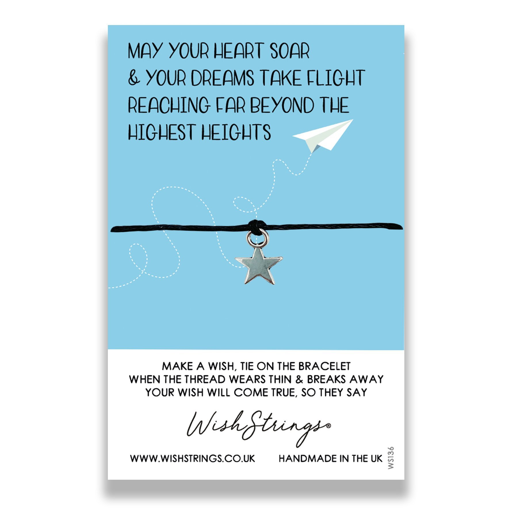 TAKE FLIGHT WishStrings bracelet featuring a Tibetan Silver charm on a waxed cotton cord, beautifully presented on a luxury display card.