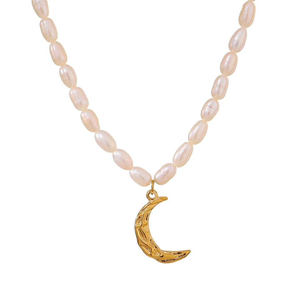 Taletha Crescent Gold Moon Natural Pearl Charm Necklace featuring a pearl coin and gold chain, symbolizing elegance and durability.