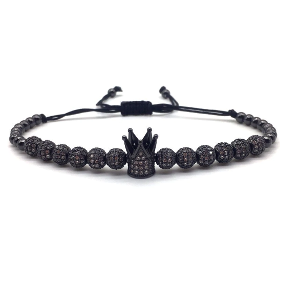 Talismanic Steel Bracelet CZ featuring crown-shaped bead, grey beads, and gun-metal pellets on a black flax rope.