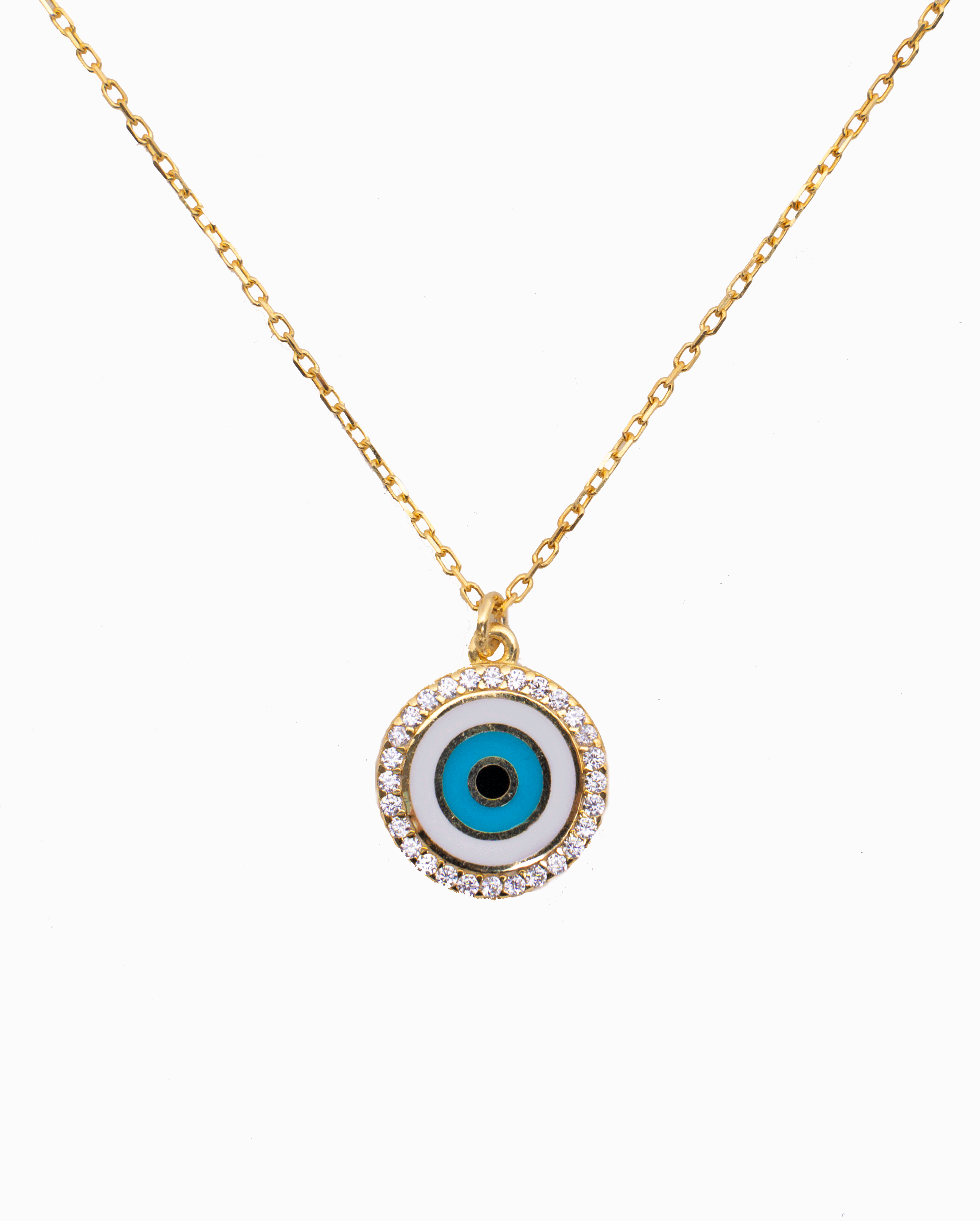 TARA Necklace featuring a round evil eye pendant with sparkling cubic zirconias and yellow gold plating on a delicate chain.