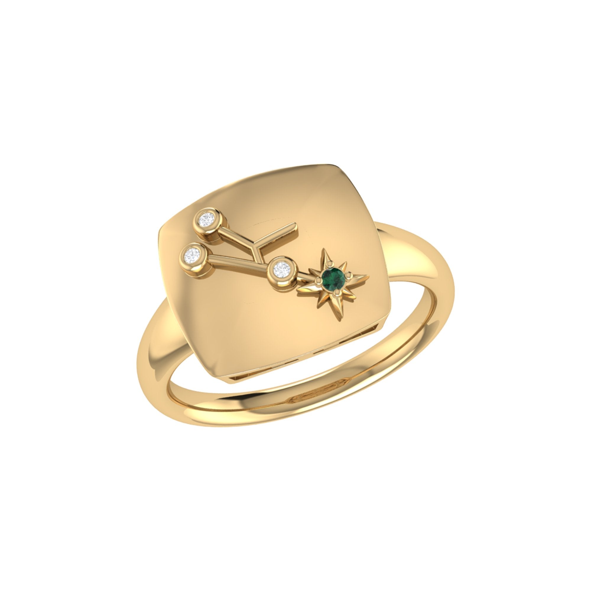 Taurus Bull Emerald & Diamond Constellation Signet Ring in 14K Yellow Gold, featuring emerald and diamond accents.