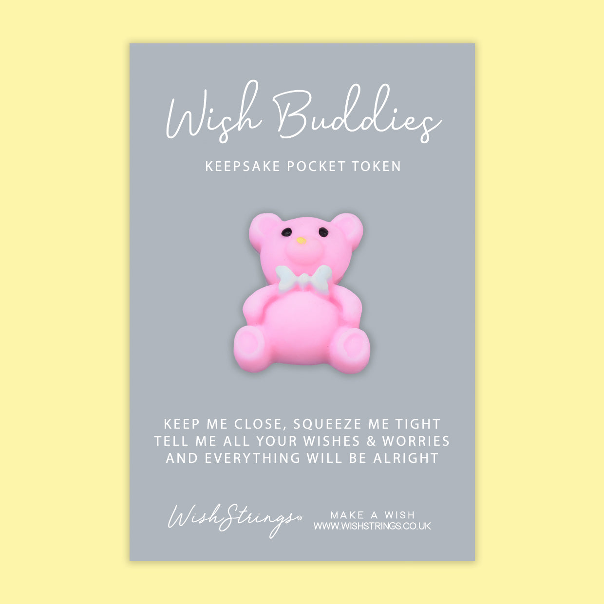 A colorful WishBuddies Pocket Hug Token displayed on a glossy card, featuring an inspirational design and a heartfelt message.