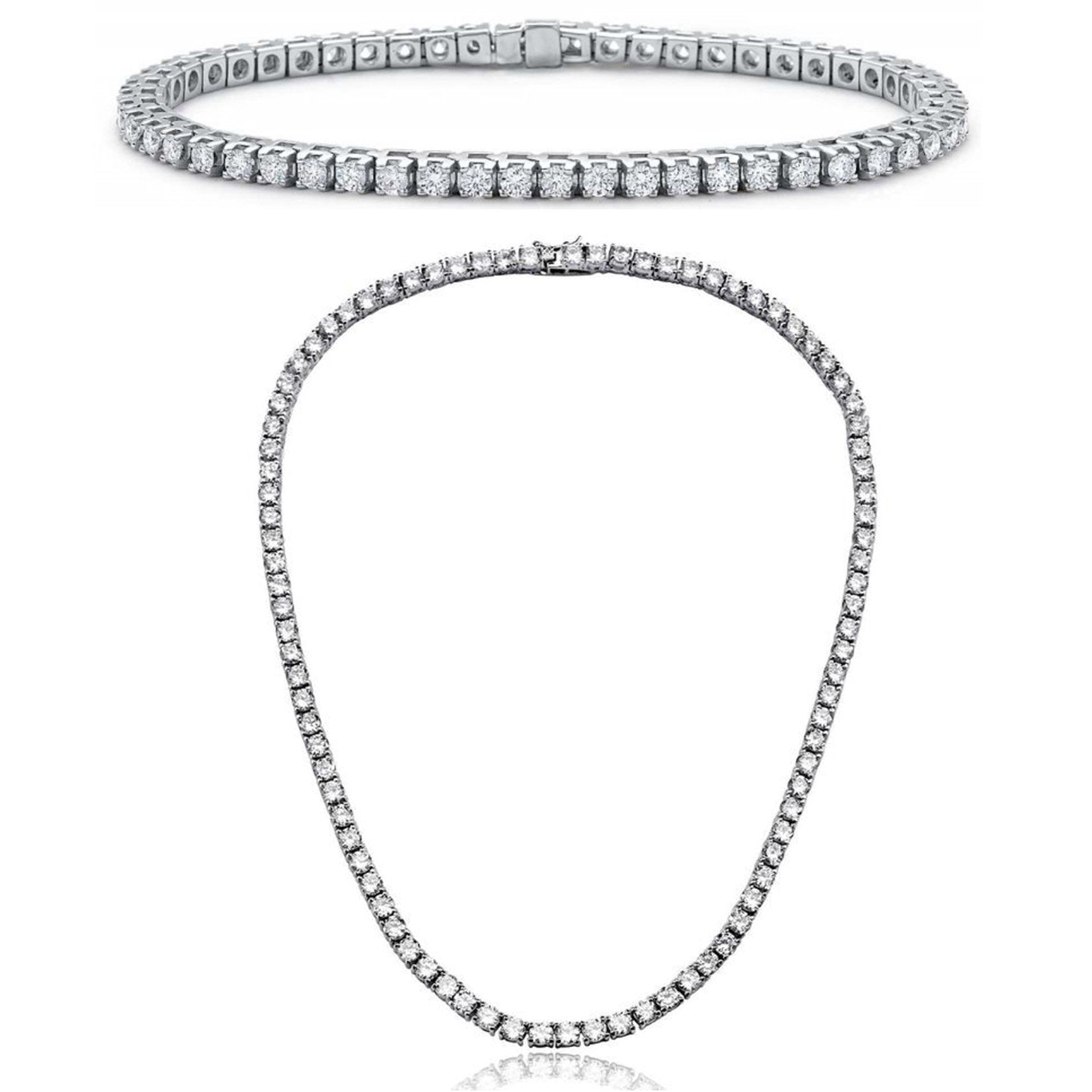 Elegant Tennis Necklace and Bracelet Set featuring Austrian Crystals, 18K white gold plating, and luxe gift box packaging.