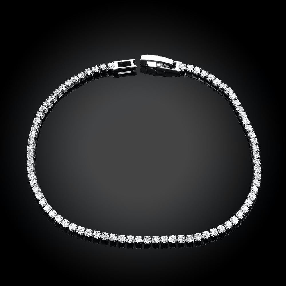 Elegant Tennis Necklace and Bracelet Set featuring Austrian Crystals, 18K white gold plating, and luxe gift box packaging.