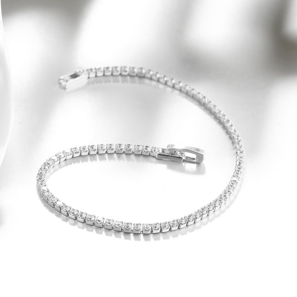 Elegant Tennis Necklace and Bracelet Set featuring Austrian Crystals, 18K white gold plating, and luxe gift box packaging.