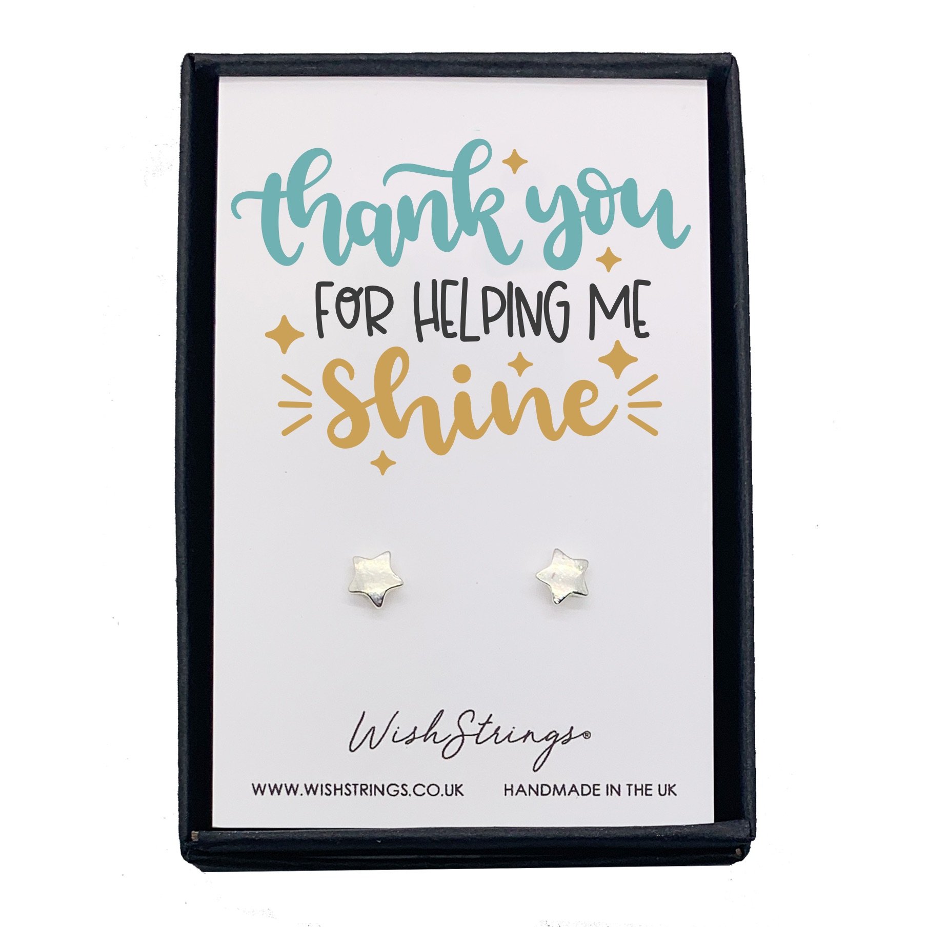 Elegant THANK YOU SHINE earrings presented in a luxurious black gift box with an inspirational card.