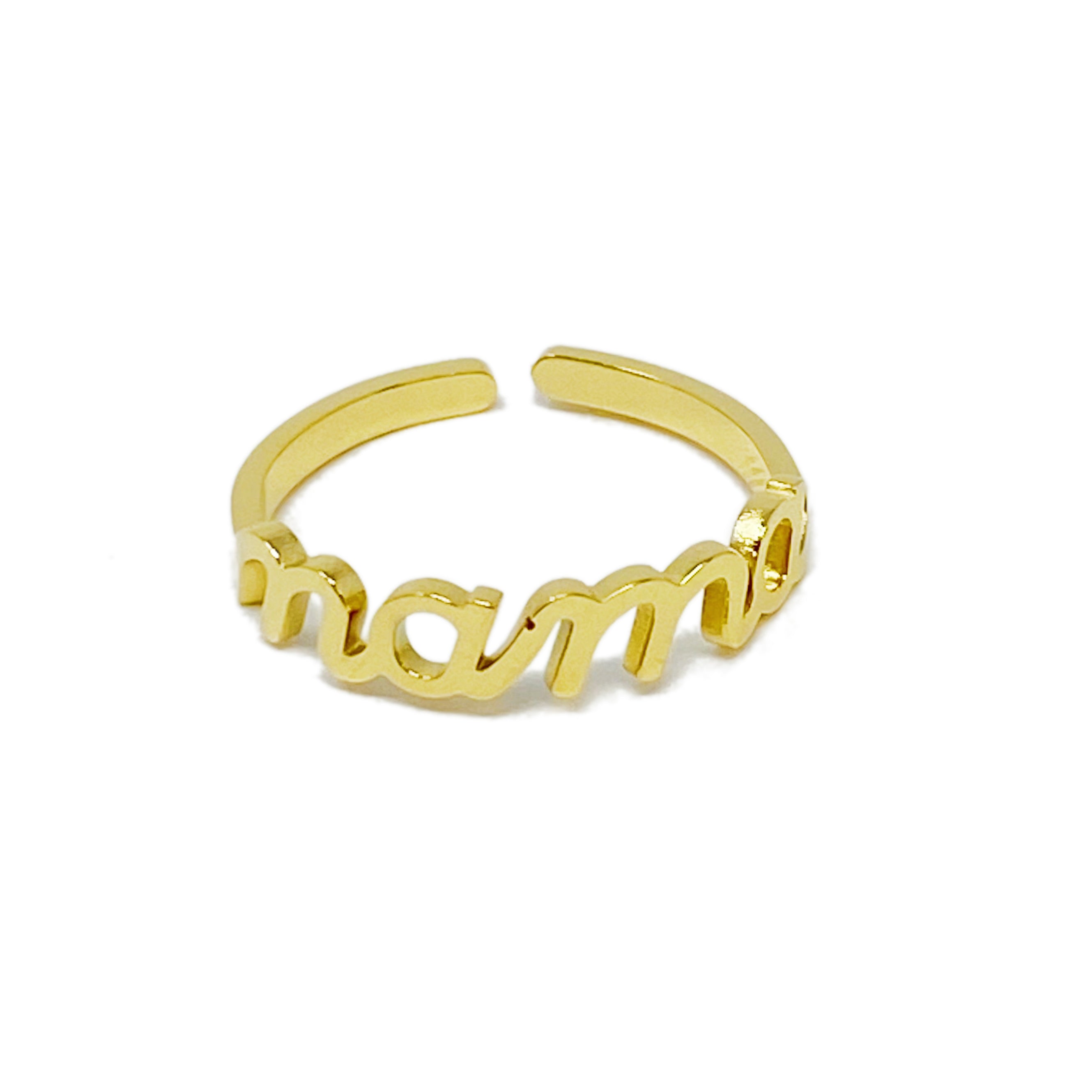 The Always Remember Ring featuring delicate script, adjustable design, and 18K gold plating on stainless steel.