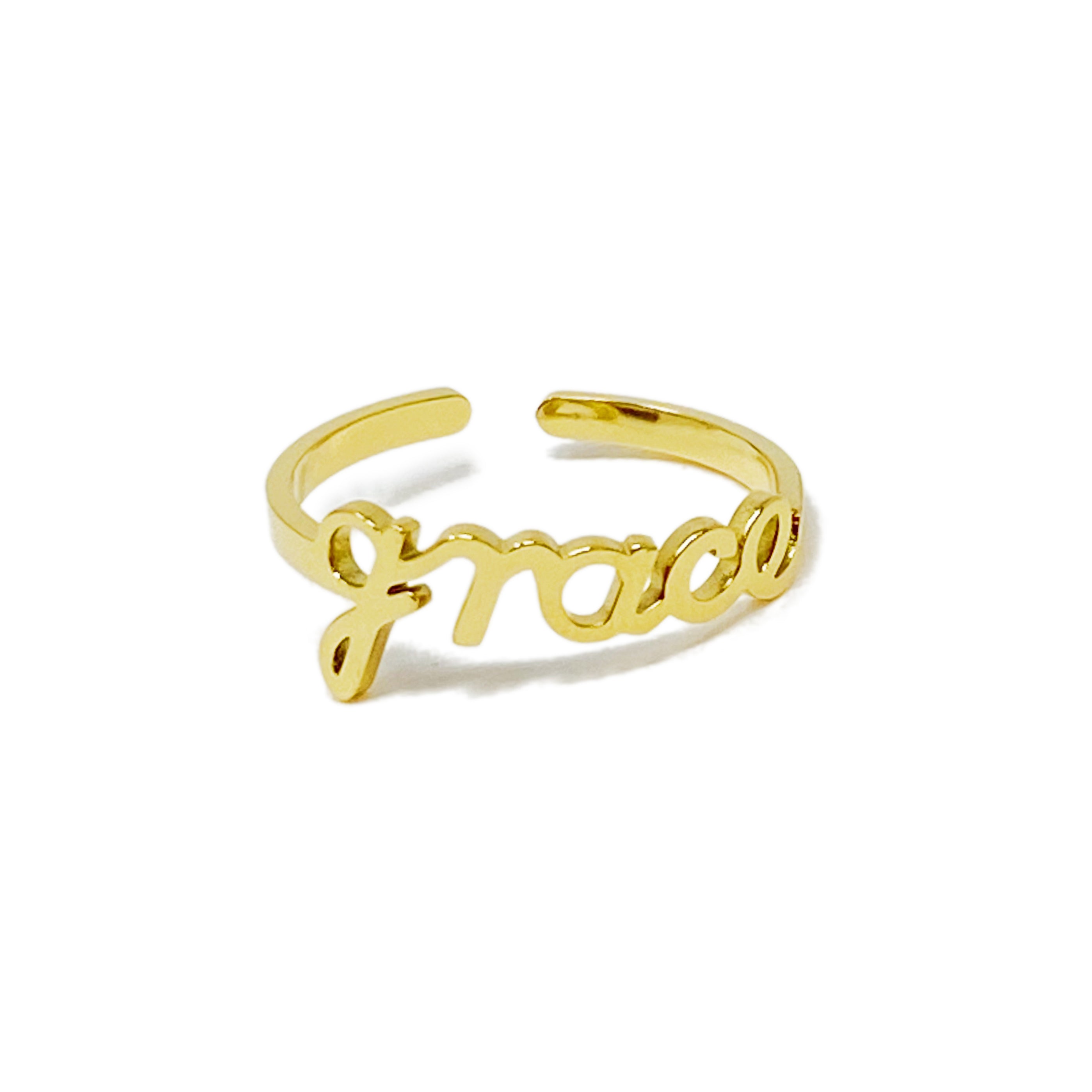 The Always Remember Ring featuring delicate script, adjustable design, and 18K gold plating on stainless steel.