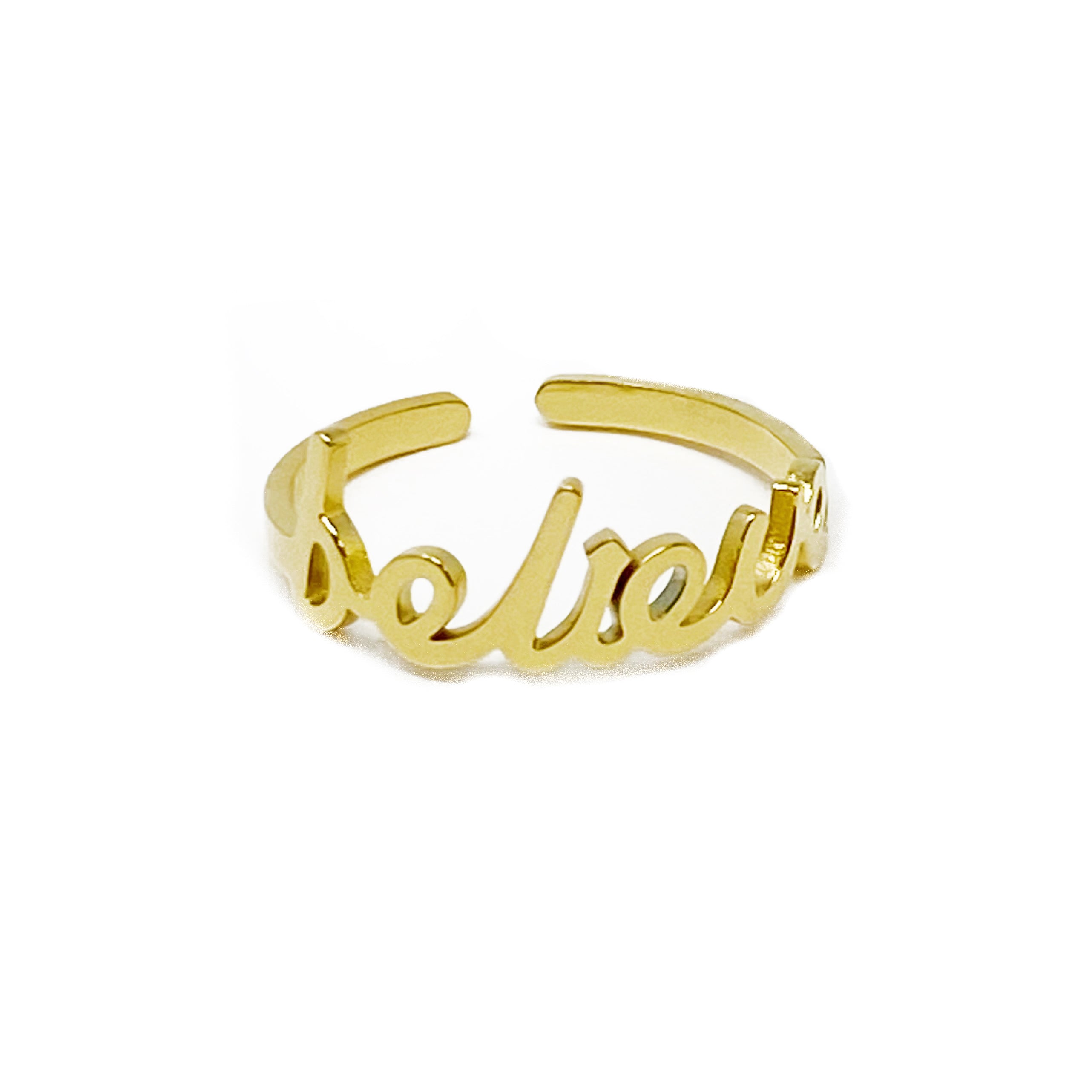 The Always Remember Ring featuring delicate script, adjustable design, and 18K gold plating on stainless steel.