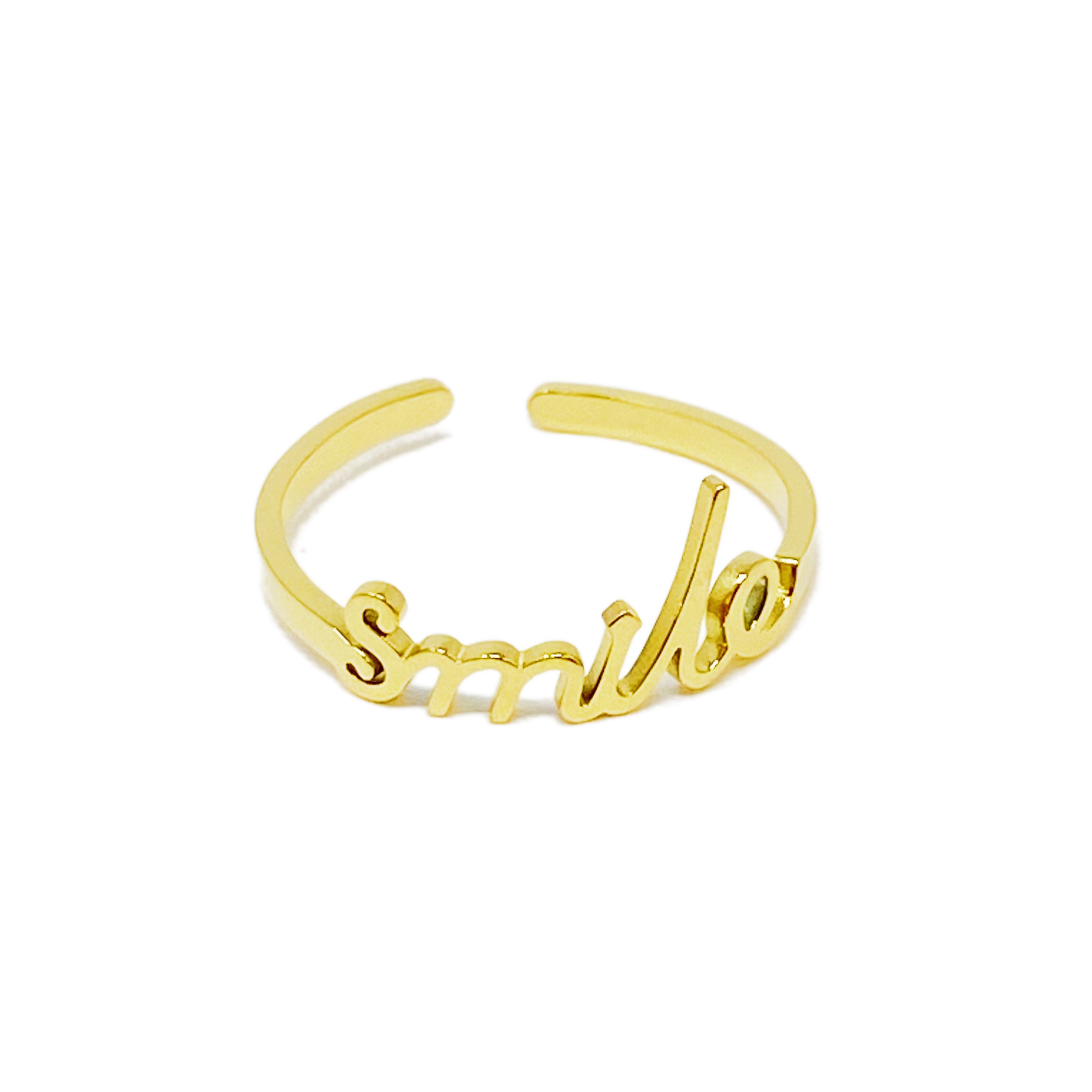 The Always Remember Ring featuring delicate script, adjustable design, and 18K gold plating on stainless steel.