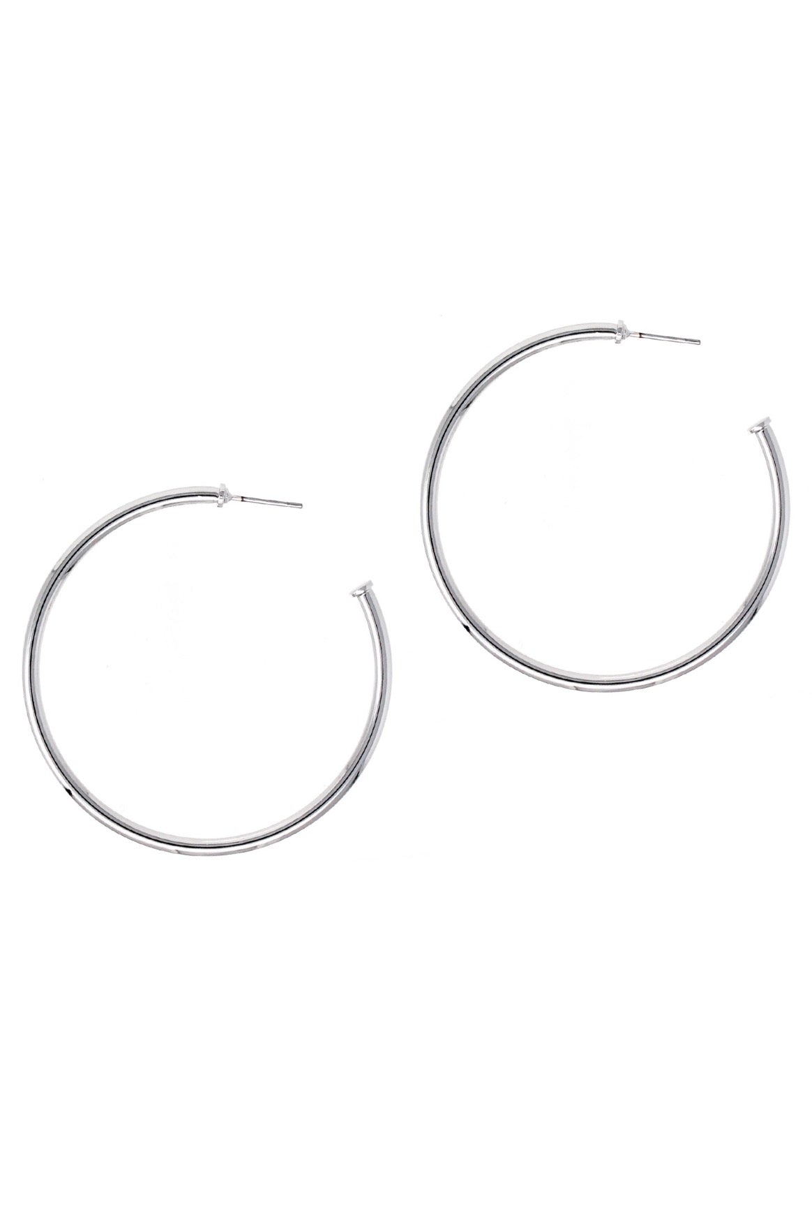 Brilliant silver hoop earrings with shiny rhodium plating, featuring a 2-inch radius design, perfect for stylish everyday wear.