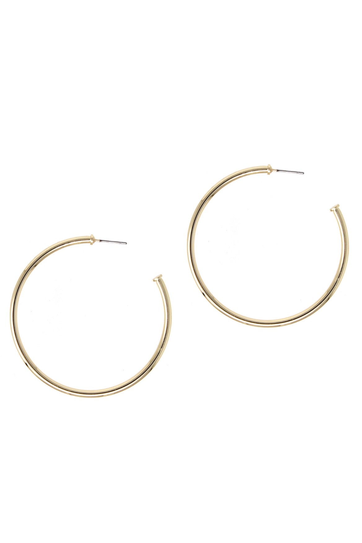 Shiny gold hoop earrings with a 2-inch diameter, lightweight and stylish, perfect for everyday wear.