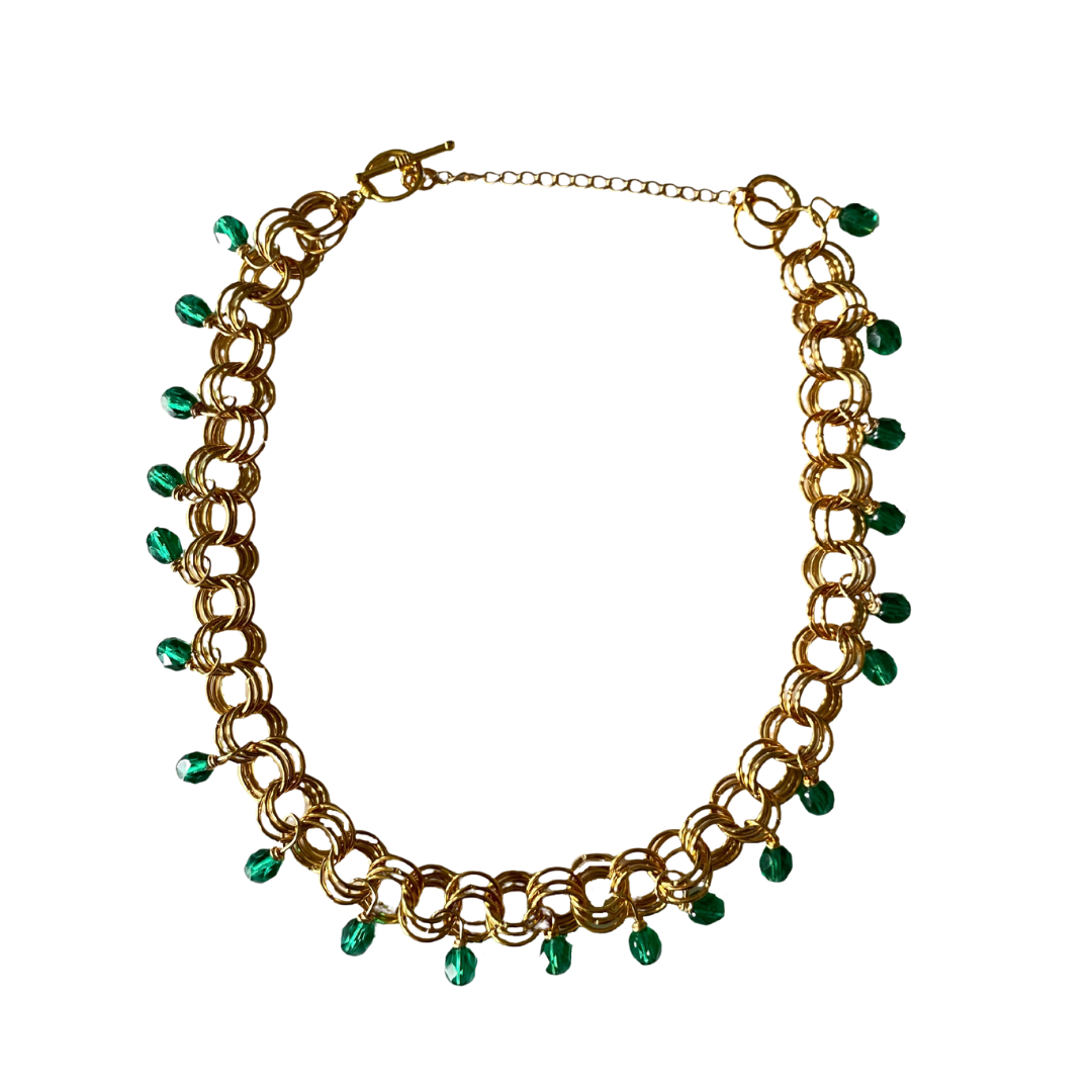 The Christina Choker in Teal featuring teal Czech glass beads and adjustable metal links.