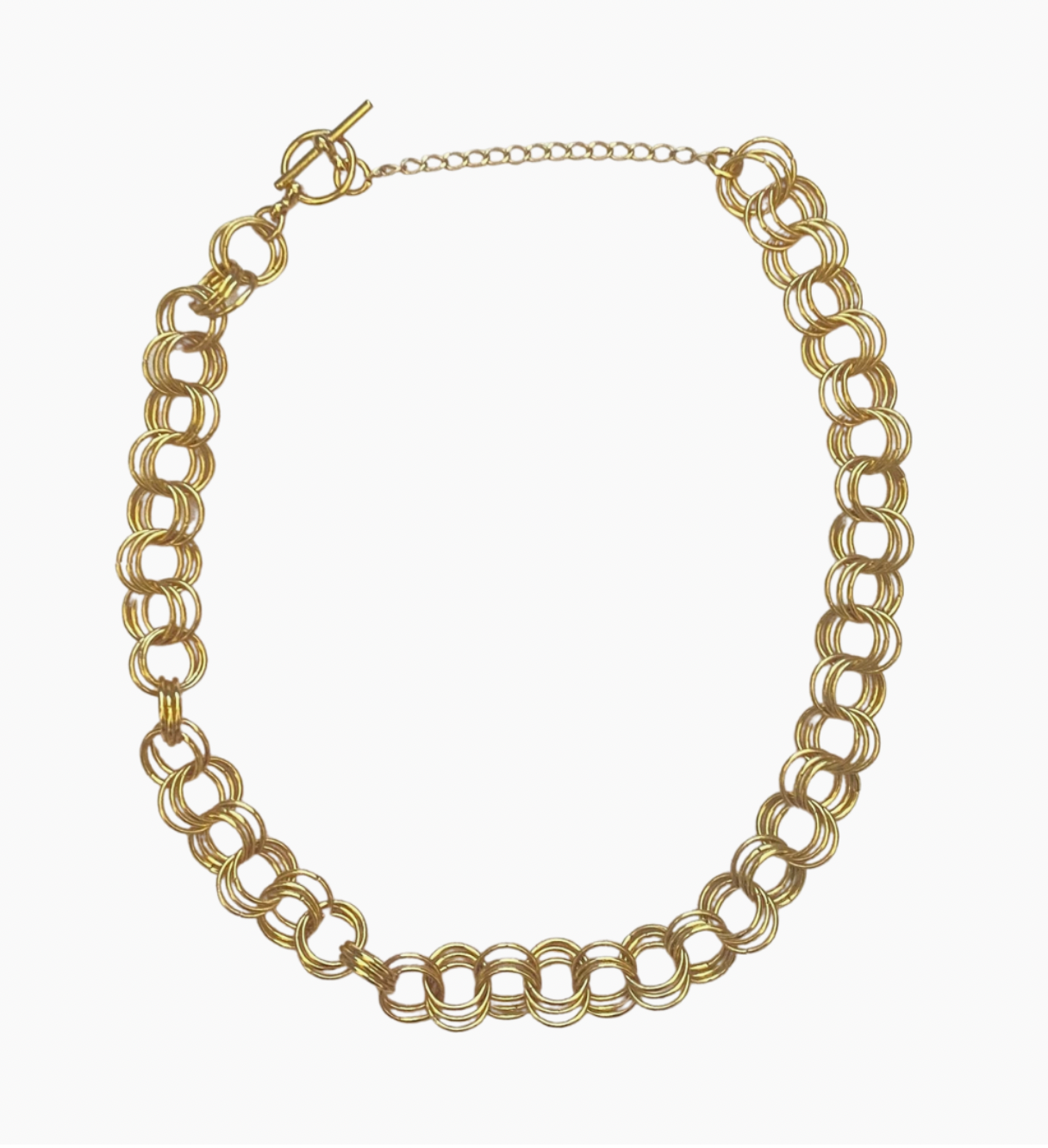 The Christina Choker, a stylish designer necklace featuring gold/silver-plated brass links, handcrafted by J. Kiere.