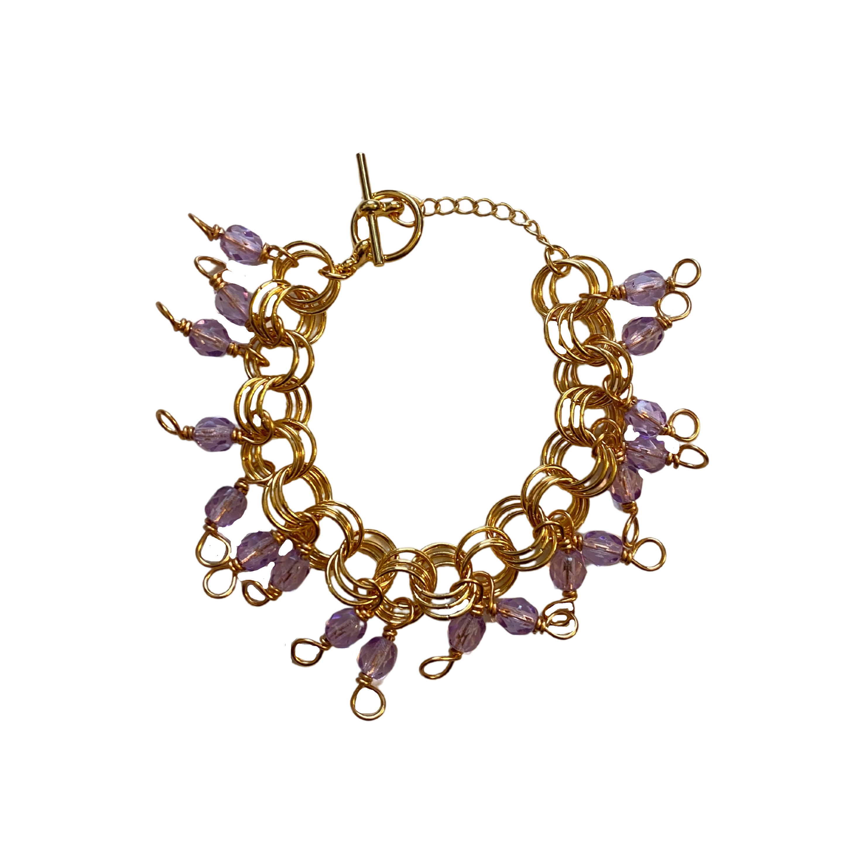 The Donna Bracelet in Lilac featuring gold/silver-plated brass links and lilac Czech fire-polished glass beads with a toggle clasp.