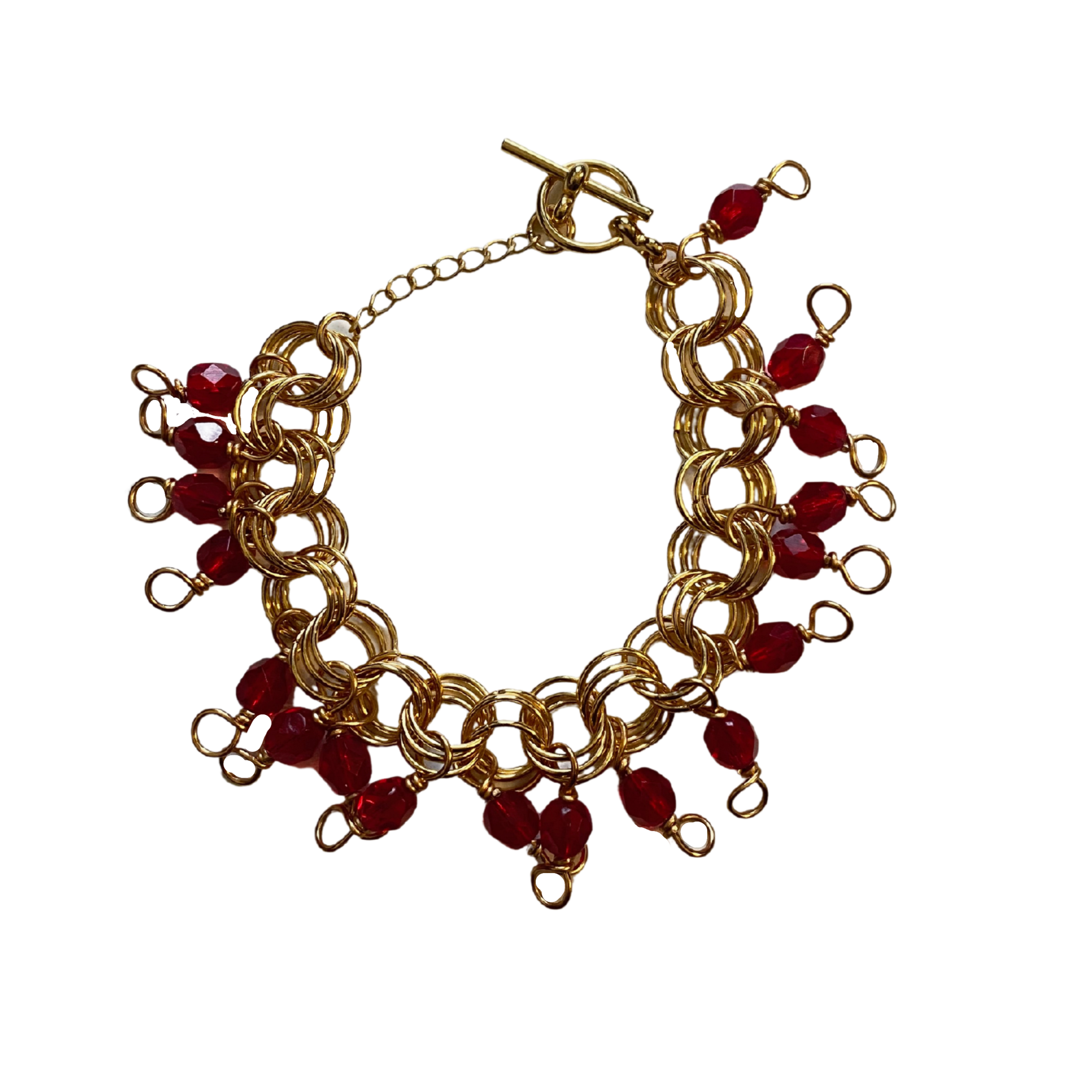 The Donna Bracelet in Ruby Red featuring ruby red Czech glass beads and a toggle clasp, handcrafted with gold/silver-plated brass links.