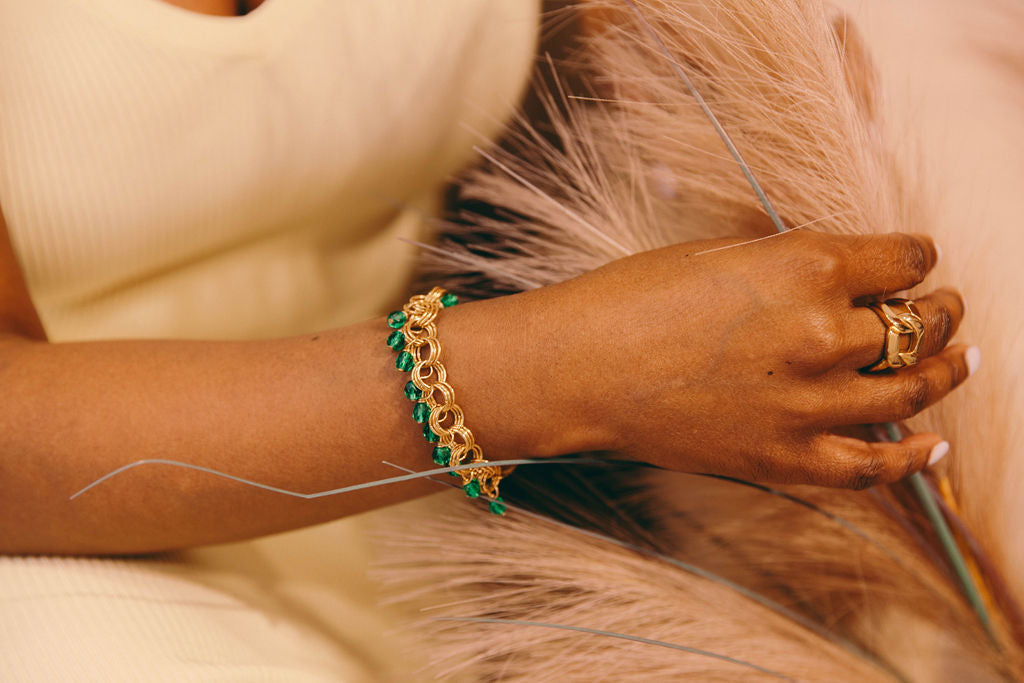 The Donna Bracelet in Teal featuring teal Czech glass beads and a toggle clasp, handcrafted by J. Kiere.