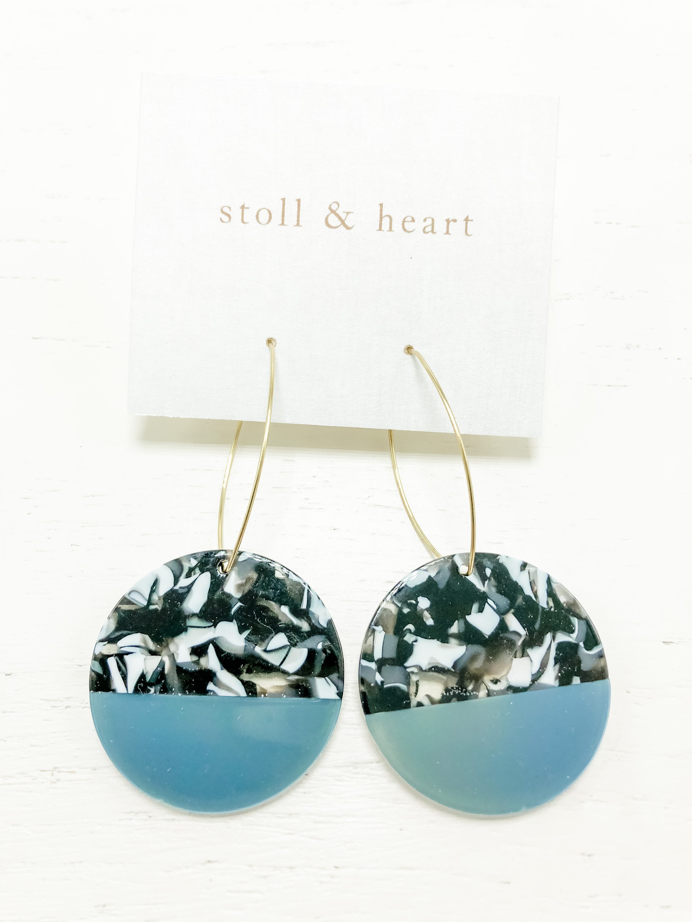 Maddy Roundies Blue earrings featuring brass hoops with vibrant blue resin detail, measuring 2-3/4 inches in length.