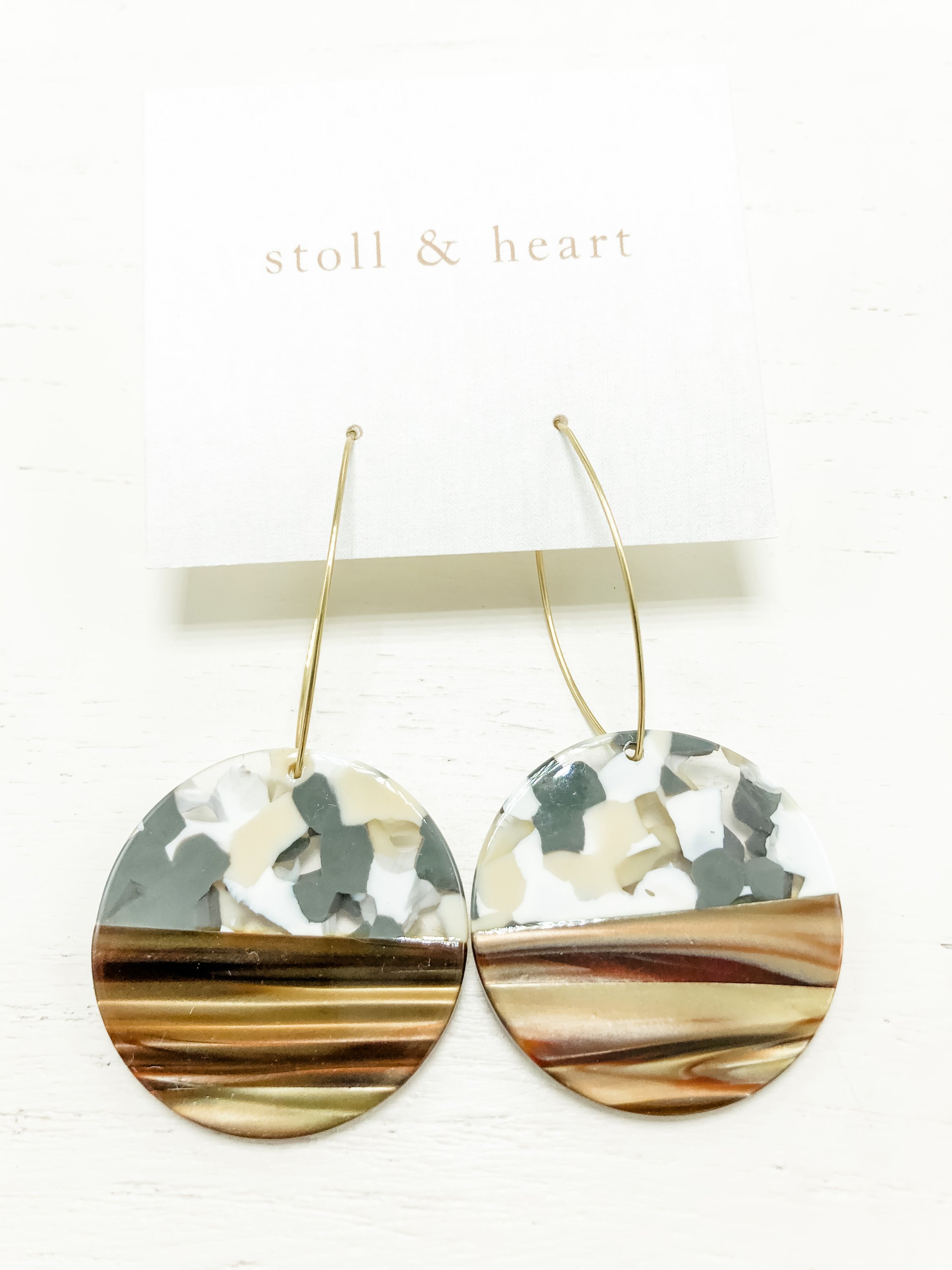 Maddy Roundies Tan earrings featuring brass hoops with army green, tan, and brown resin details, elegantly displayed.