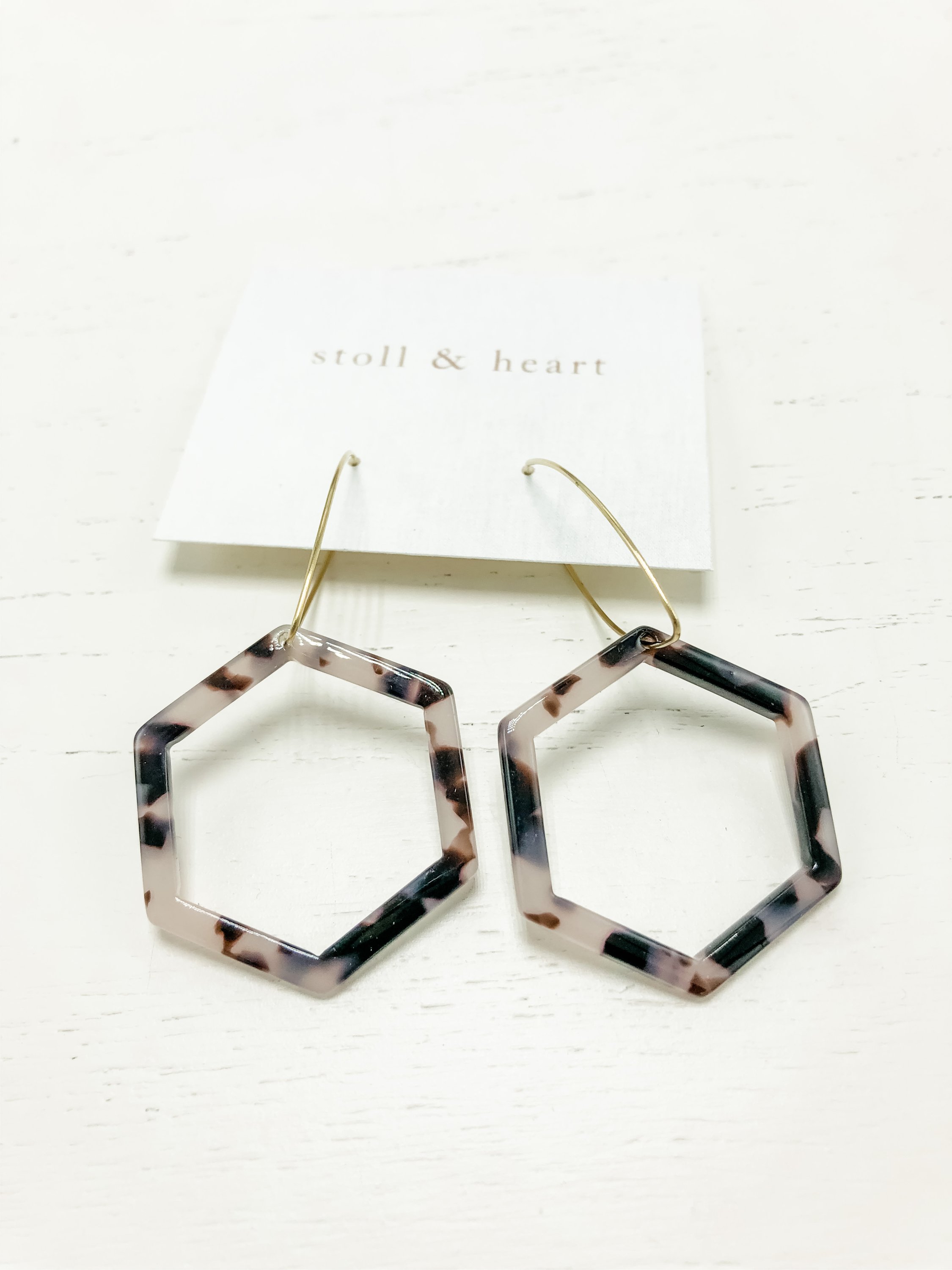 Mae Grey Tortoise earrings featuring brass hoops and grey tortoise shell resin detail, measuring 2-5/8 inches in length.