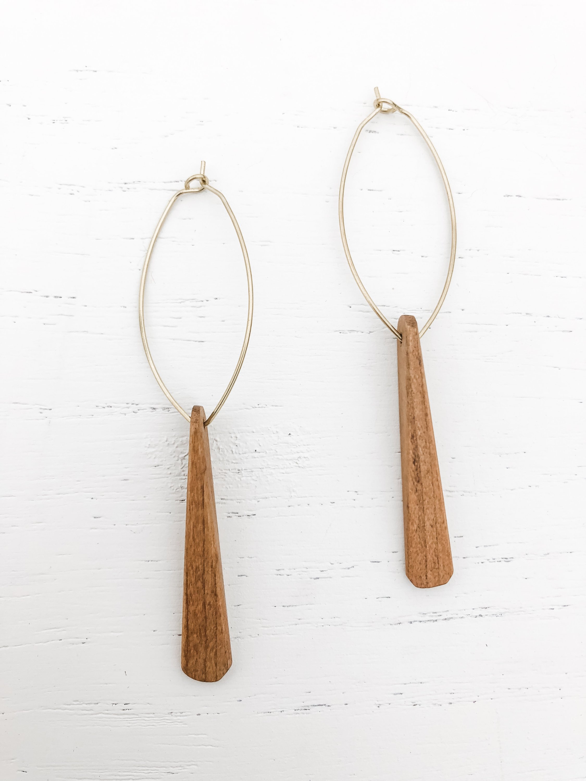 Midcentury Cherry Wood Shortie earrings featuring brass hoops and cherry wood accents, elegantly designed for a stylish look.