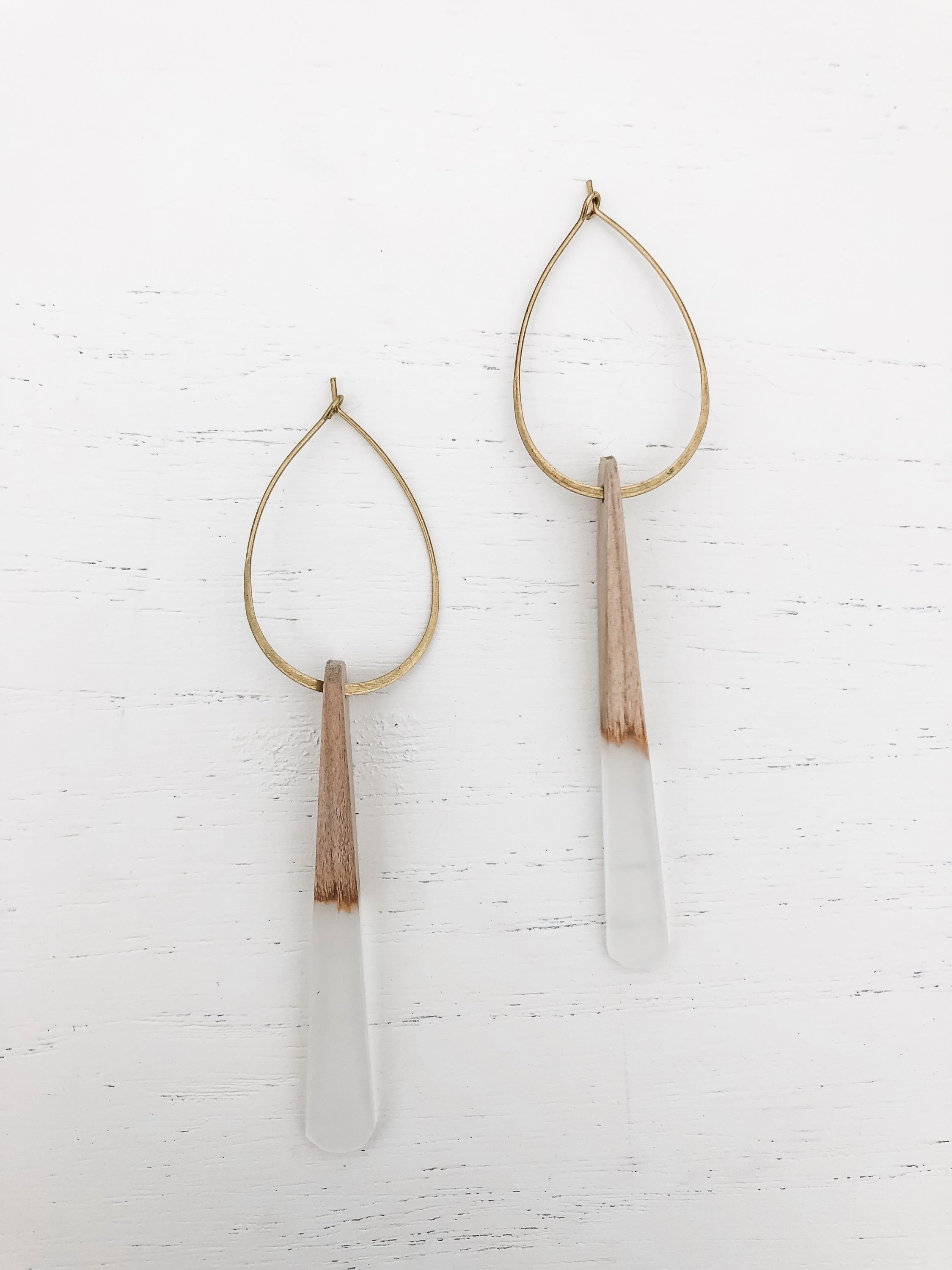 Midcentury Wood earrings featuring brass hoops and natural wood details, showcasing a stylish and modern design.