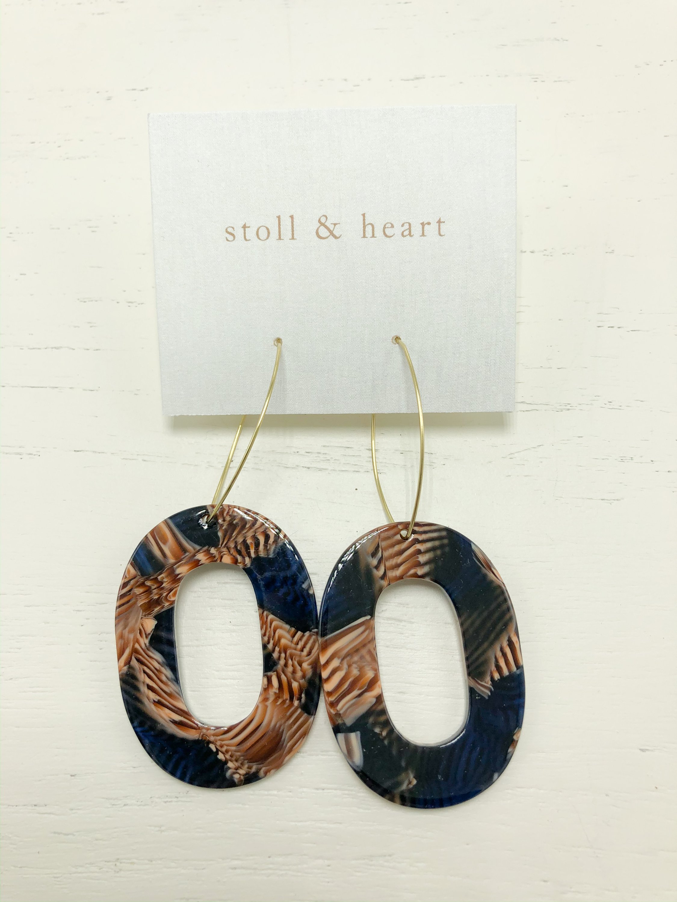 Mila Navy/Brown Tortoise earrings featuring brass hoops and tortoise shell resin detail, measuring 3-1/8 inches in length.