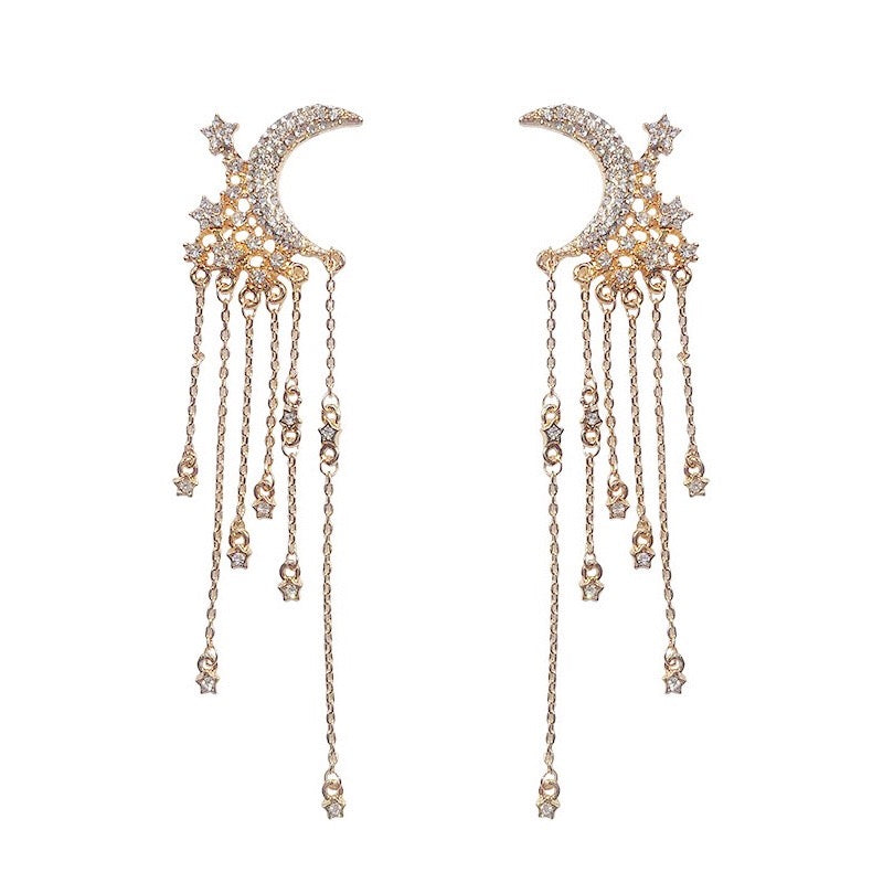 Elegant Moon and Star Tassel Earrings featuring rhinestones and alloy, showcasing a celestial design.