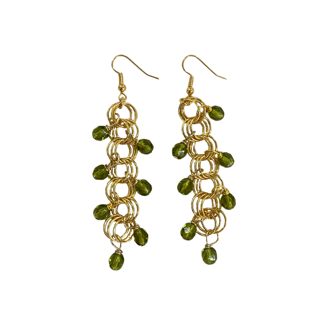 The Renee Earrings in Olive featuring olive Czech fire-polished glass beads with gold or silver plating, elegantly designed for versatile wear.