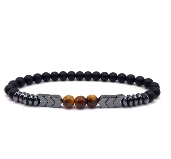 Theurgic Steel Bracelet featuring brown tiger's eye beads, black gun-metal beads, and matte black pearls, showcasing a stylish and durable design.