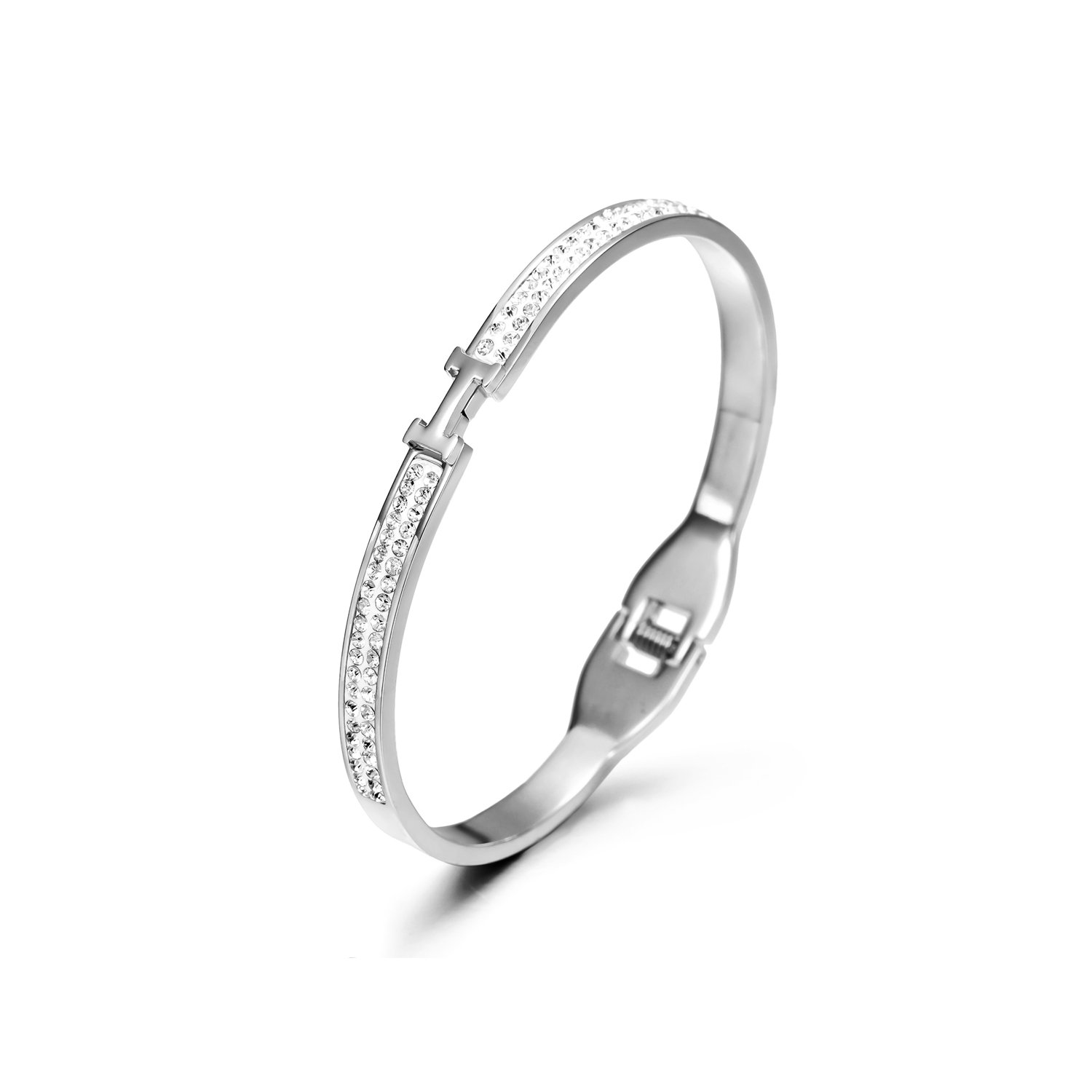 Thin H-Shaped CZ Bangle made of surgical stainless steel with gold plating, featuring a minimalist design and sparkling cubic zirconia.