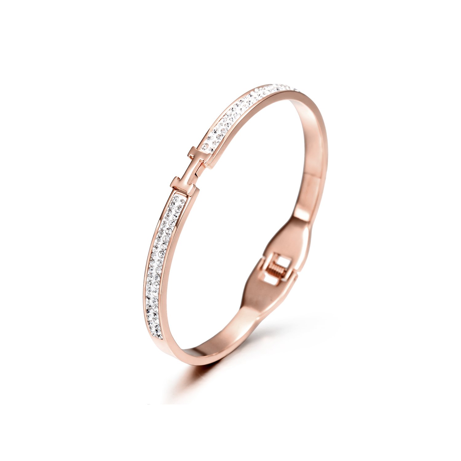 Thin H-Shaped CZ Bangle made of surgical stainless steel with gold plating, featuring a minimalist design and sparkling cubic zirconia.