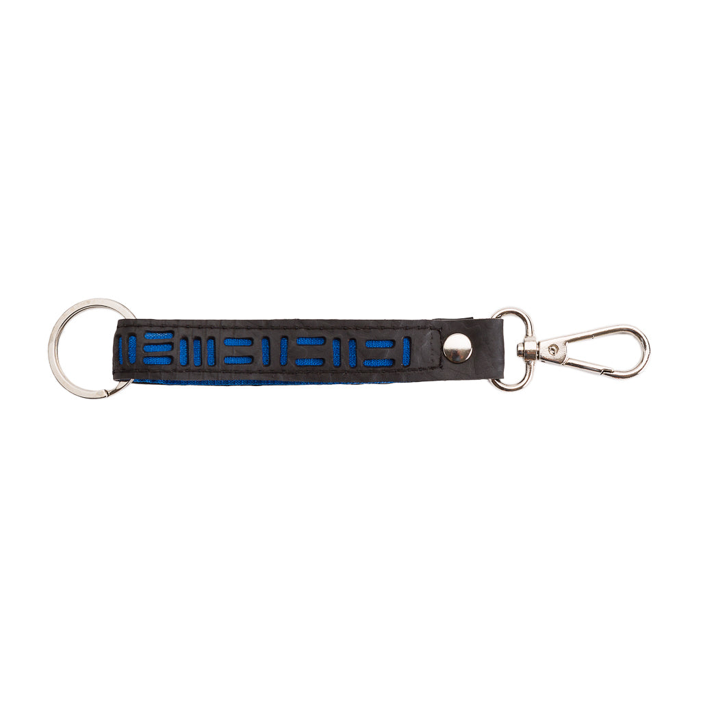 Thor Double Ended Inner Tube Vegan Keyring made from recycled rubber, featuring unique handcrafted designs and colorful fabric backing.