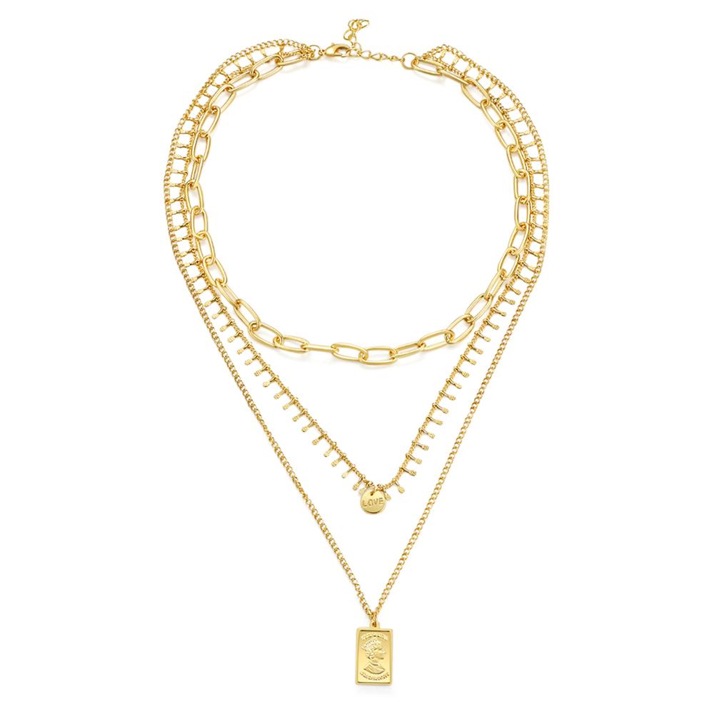 Three layer necklace featuring a rectangle pendant, elegantly designed with a 14k gold plated finish.