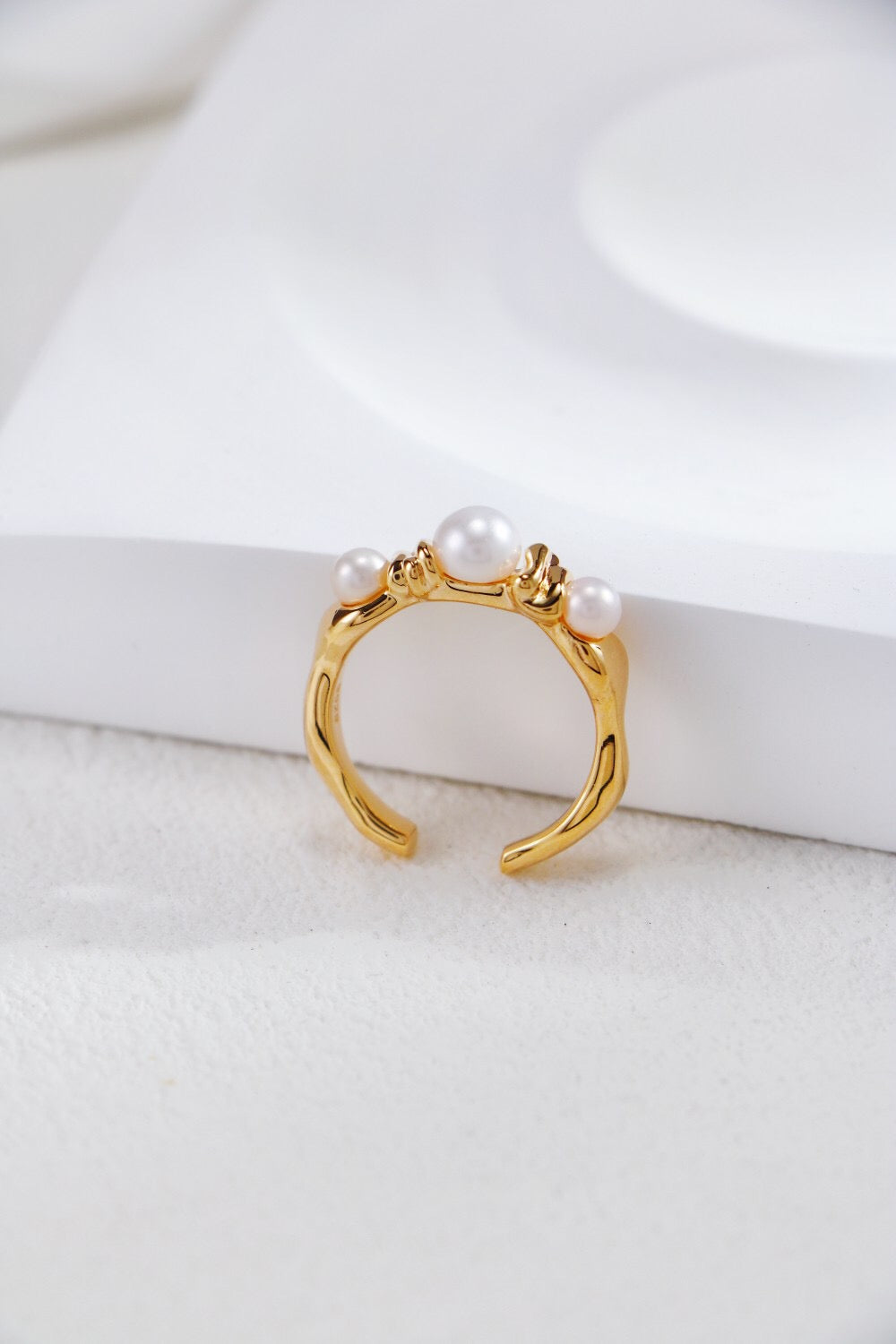 Three Pearls Open Ring featuring three genuine freshwater pearls on a sterling silver or gold vermeil band, elegantly designed and adjustable.