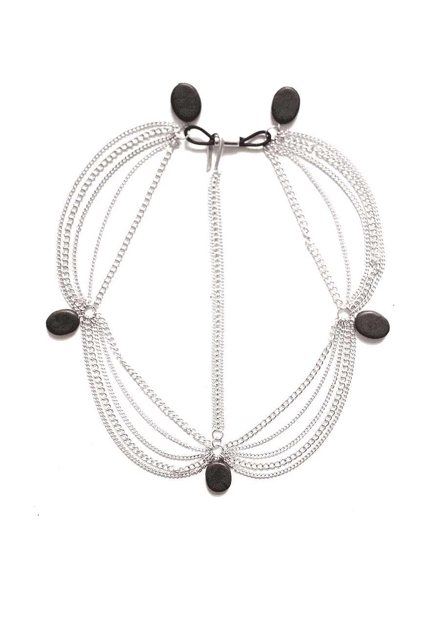 Three Stone Beaded Headchain featuring brass, silver plating, and semi-precious stones, elegantly designed for stylish wear.