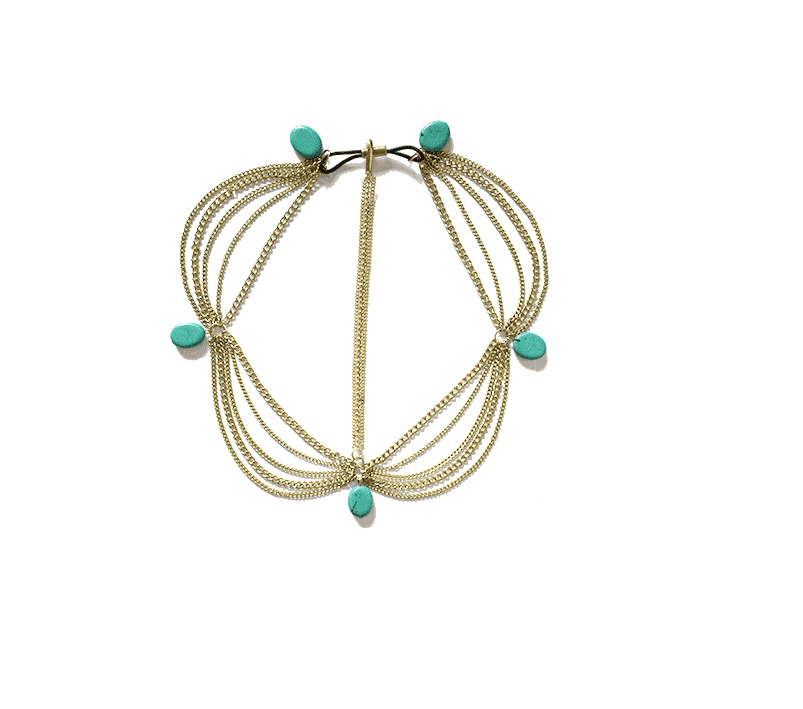 Three Stone Beaded Headchain featuring brass, silver plating, and semi-precious stones, elegantly designed for stylish wear.