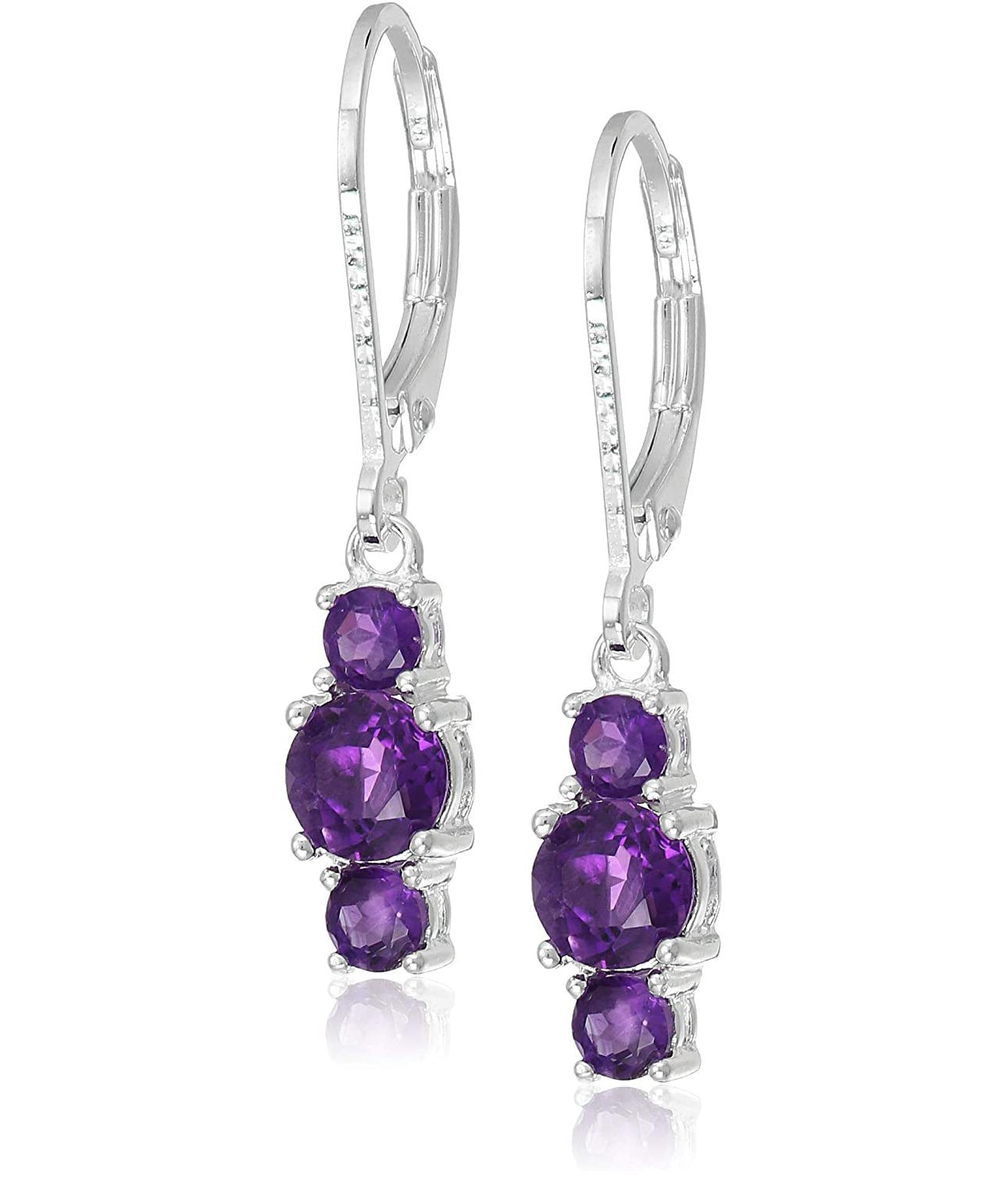 Three Stone Leverback Dangle earrings featuring Amethyst Austrian Crystals set in 18K gold, showcasing elegance and craftsmanship.