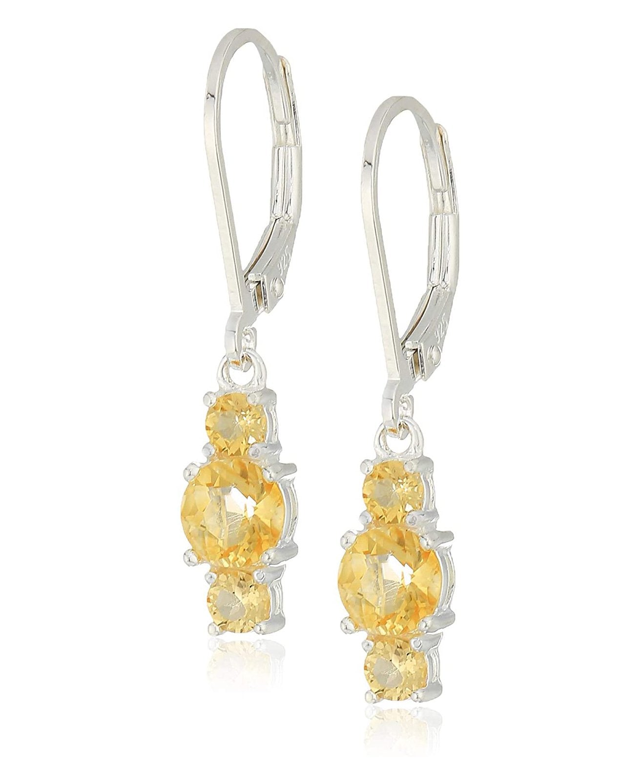 Three Stone Leverback Dangle earrings featuring Citrine Austrian Crystals set in 18K White Gold, showcasing elegance and craftsmanship.